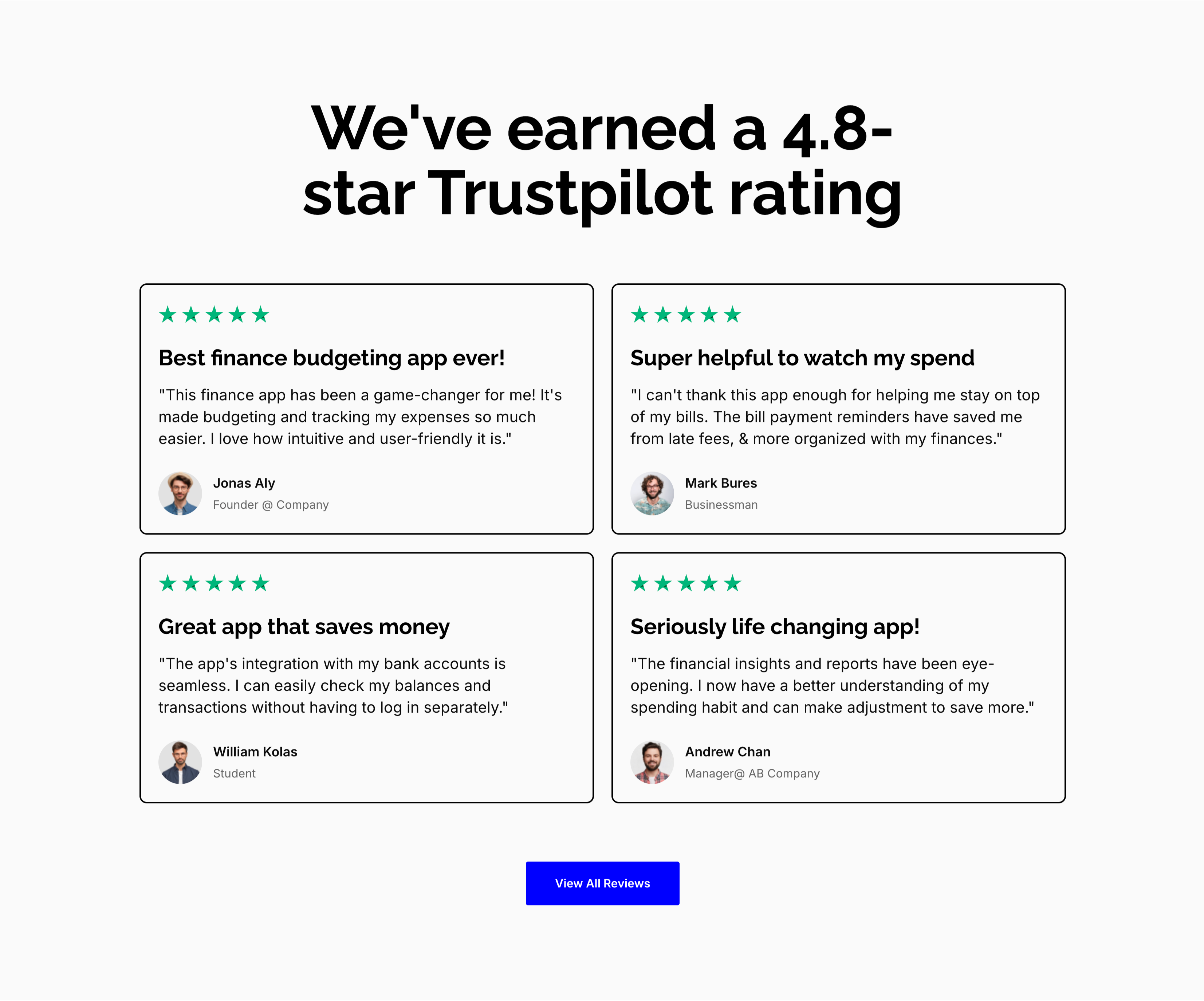 4.8-Star Trustpilot Review Cards — Testimonial section from Zubuz