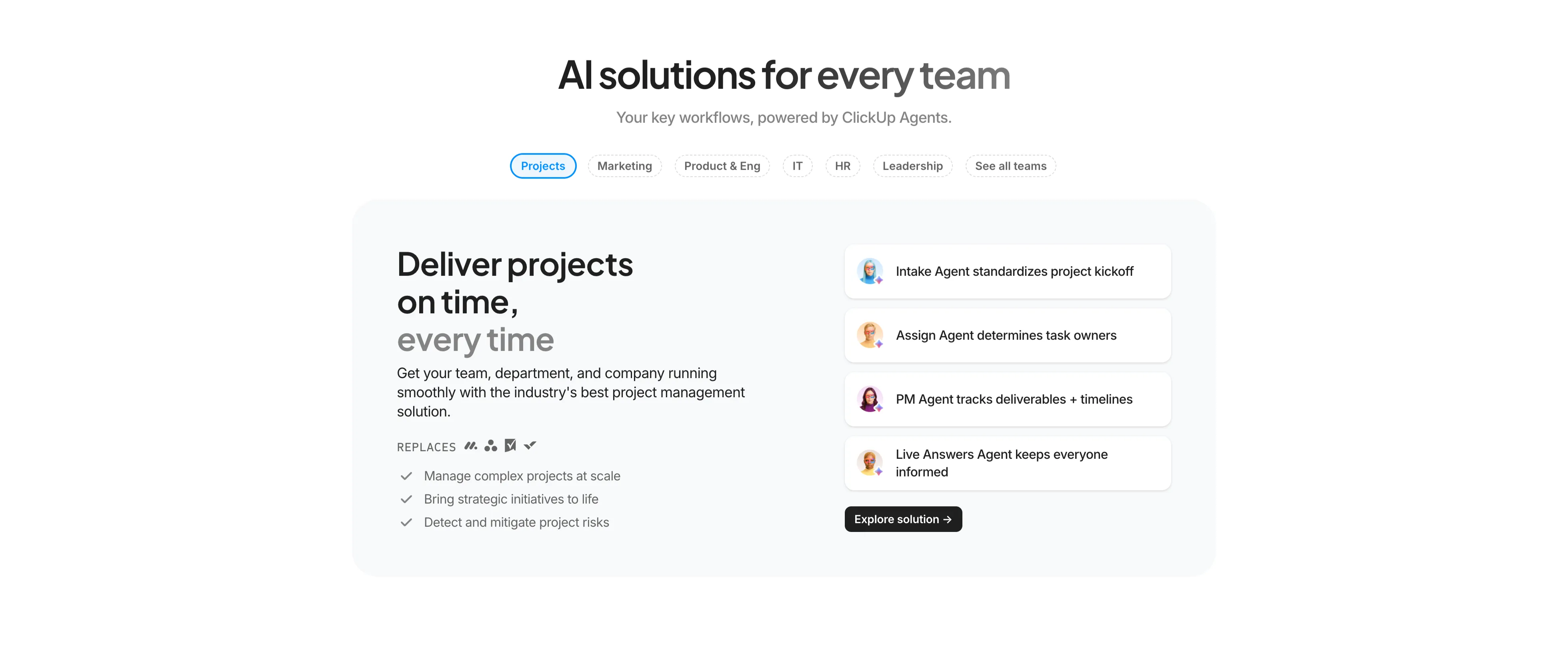 AI Solutions For Every Team Tabs — Content section from Clickup