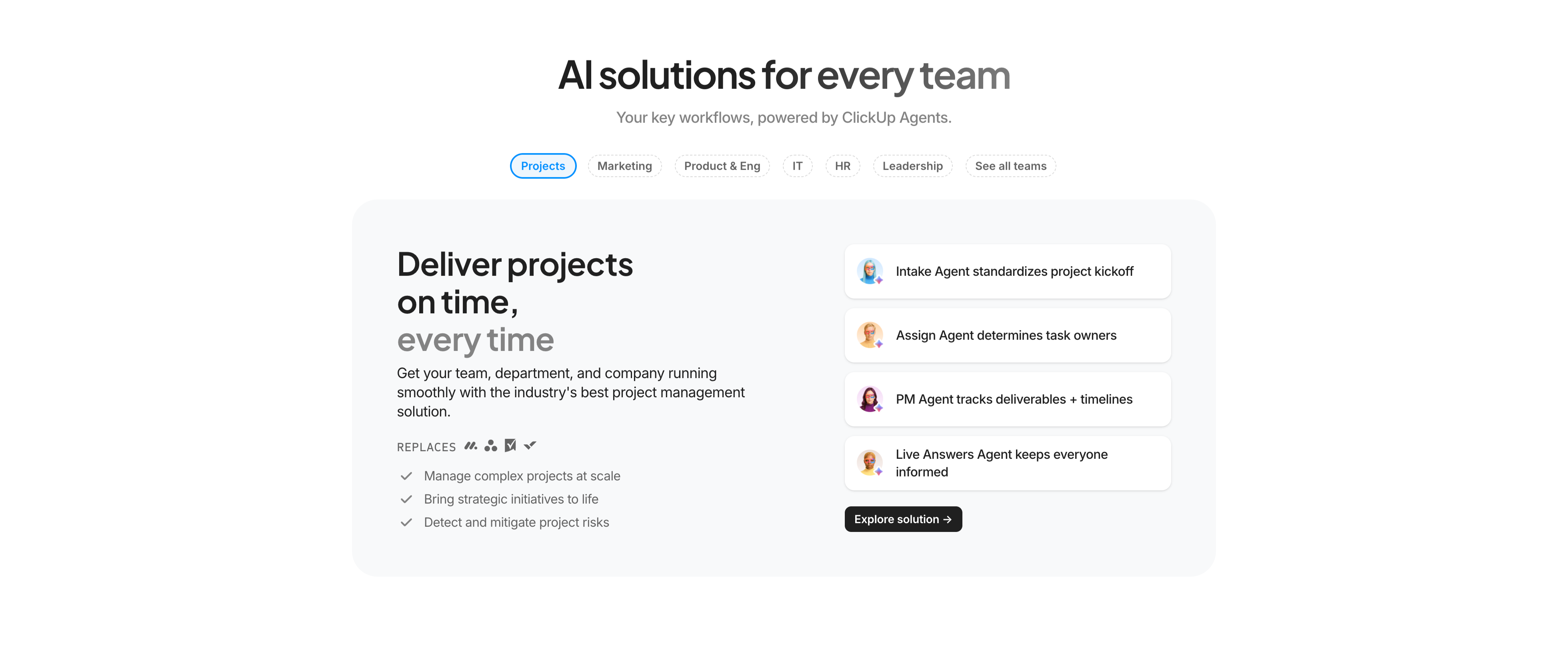 AI Solutions For Every Team Tabs — Content section from Clickup
