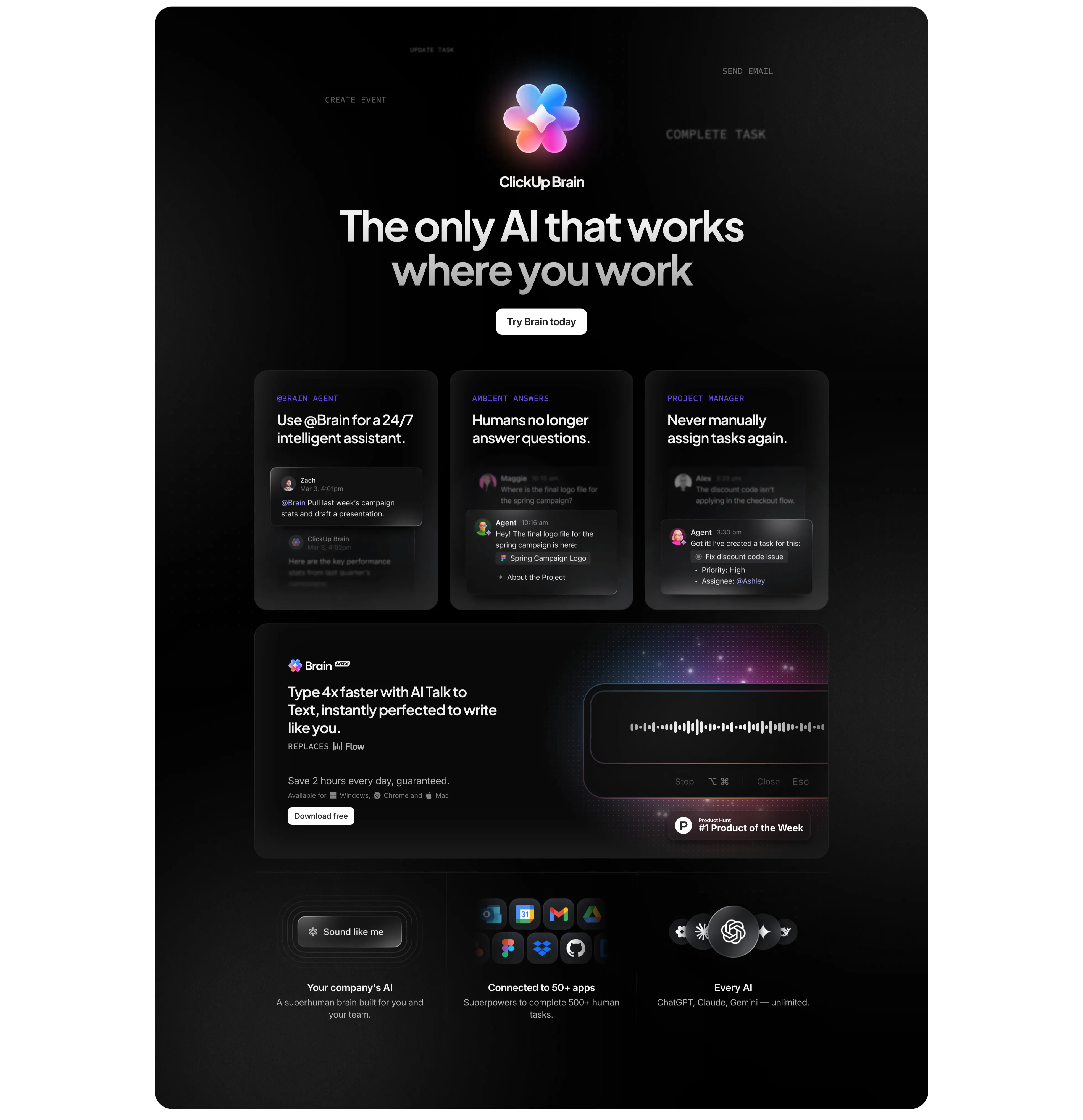 ClickUp Brain Dark Feature Section — Features section from Clickup