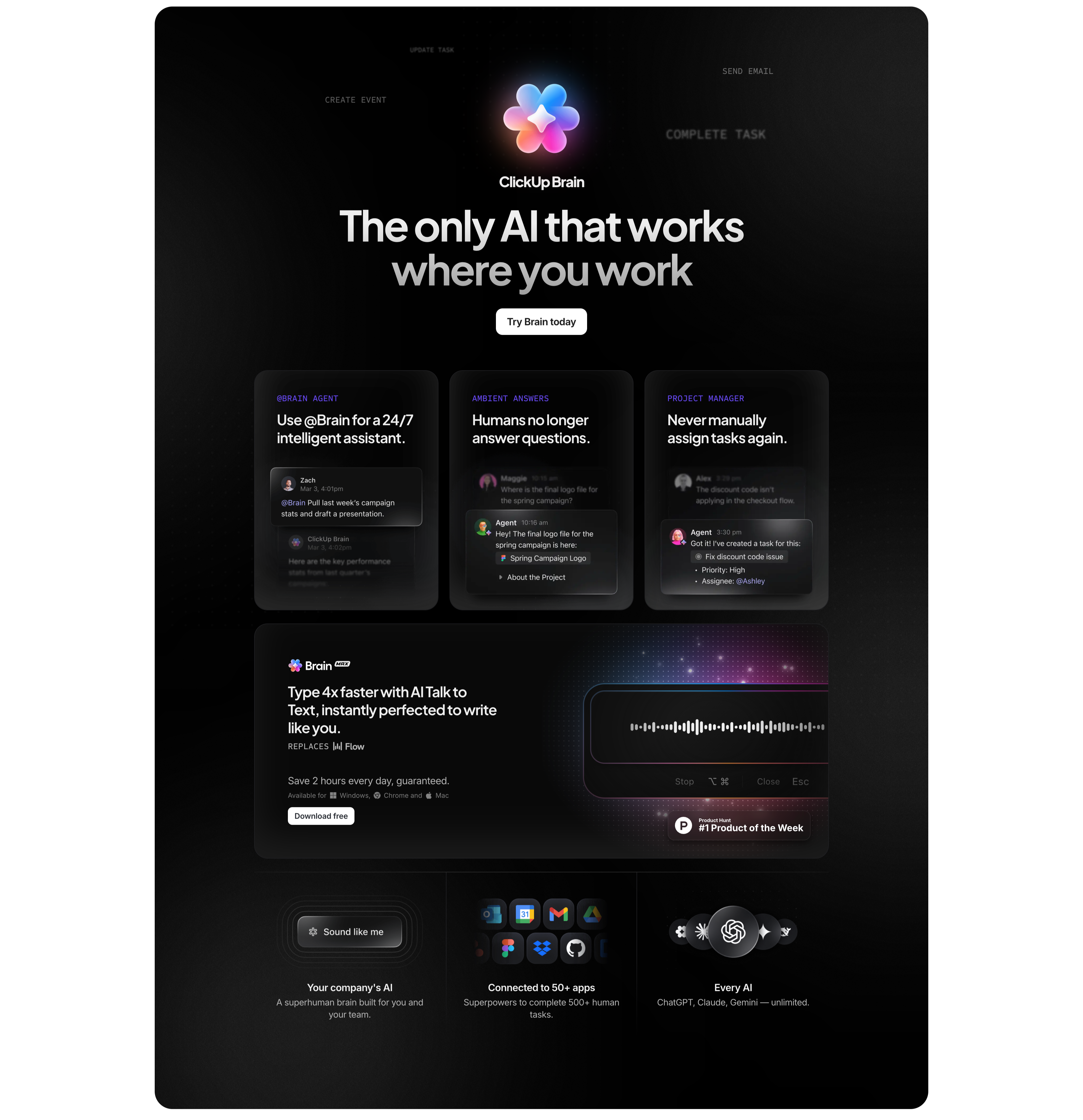 ClickUp Brain Dark Feature Section — Features section from Clickup