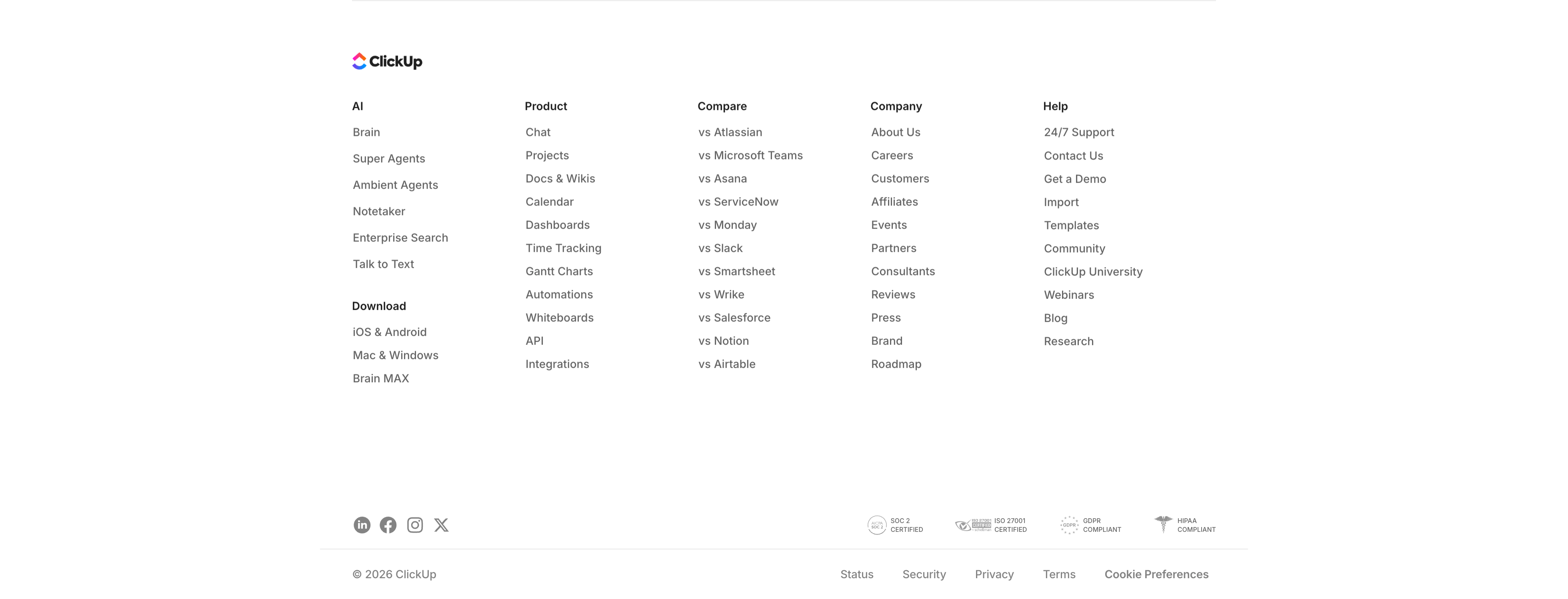 ClickUp Multi-Column Footer — Footer section from Clickup