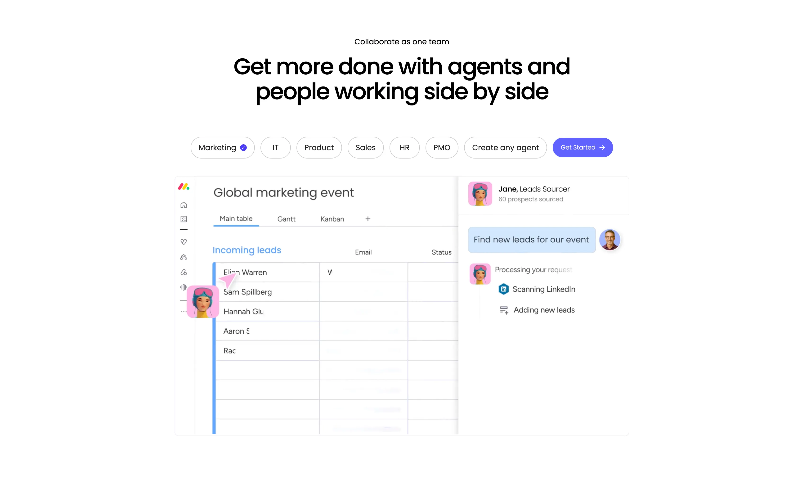 Collaborate As One Team Tabbed Agent Showcase — Features section from Monday
