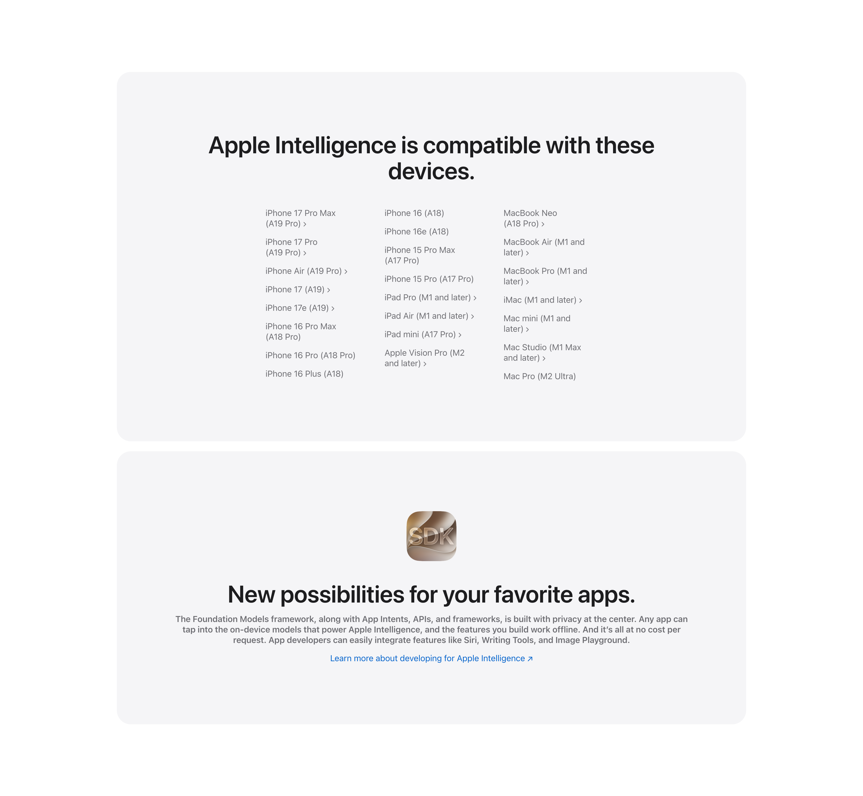 Compatible Devices List And Developer SDK Cards — Content section from Apple