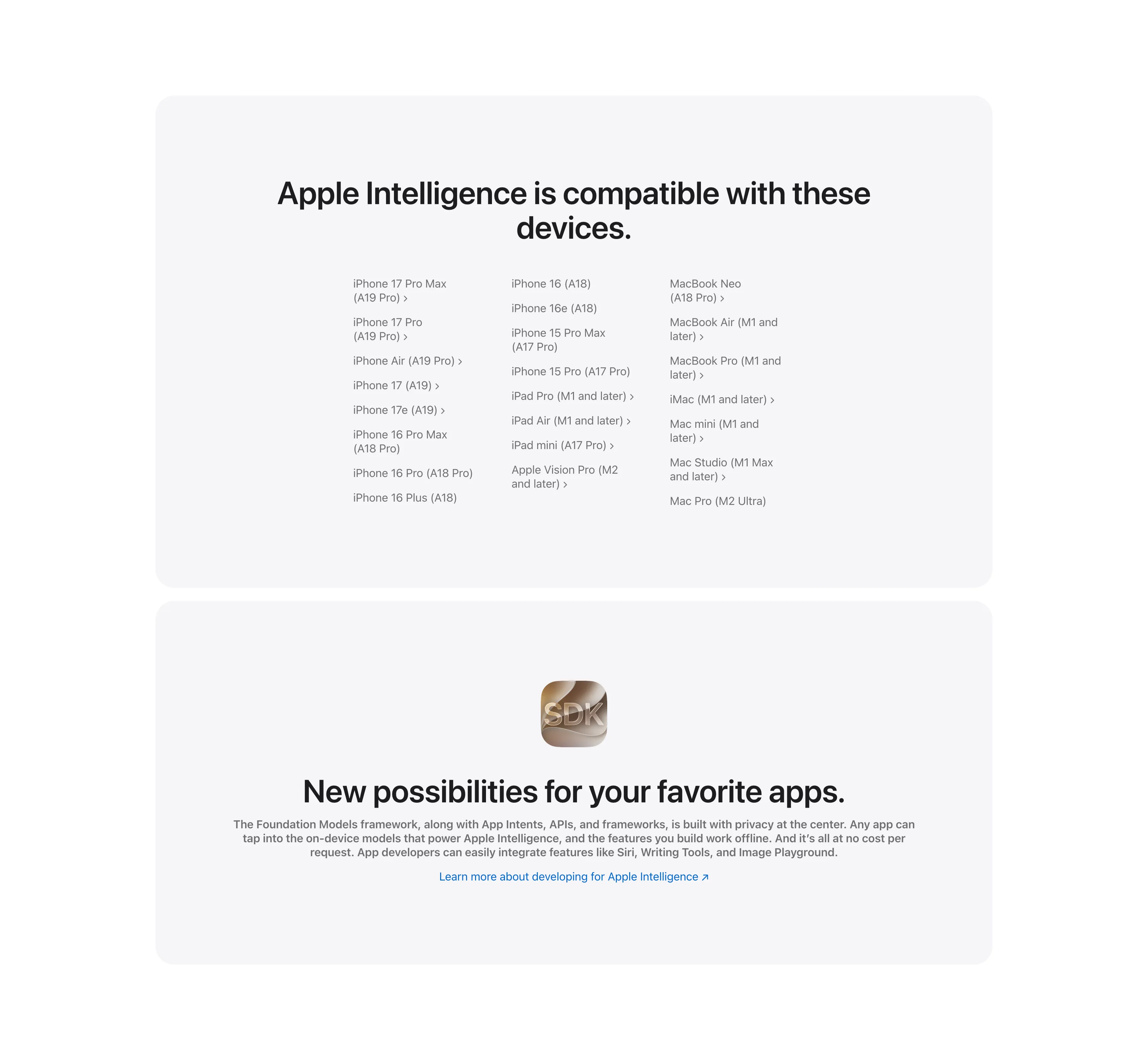 Compatible Devices List And Developer SDK Cards — Content section from Apple