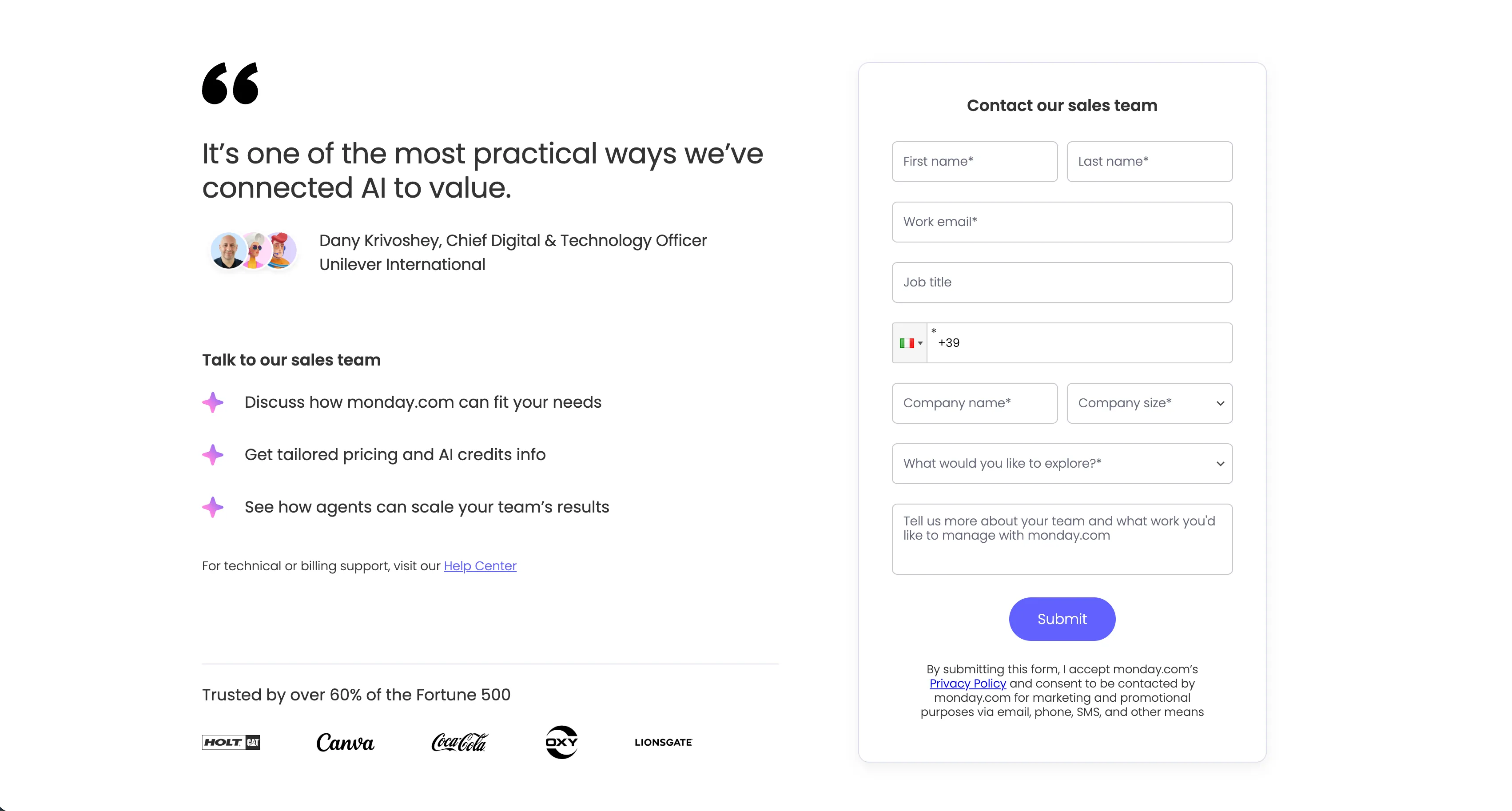 Contact Our Sales Team Form With Testimonial — Form section from Monday