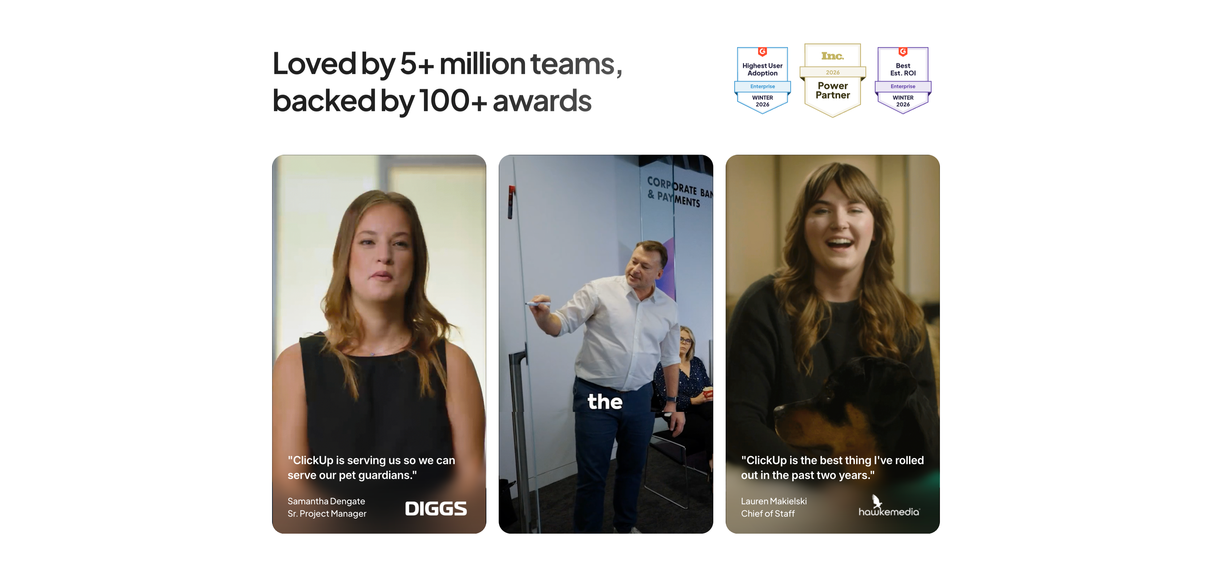 Customer Video Testimonials Three-Up — Testimonial section from Clickup