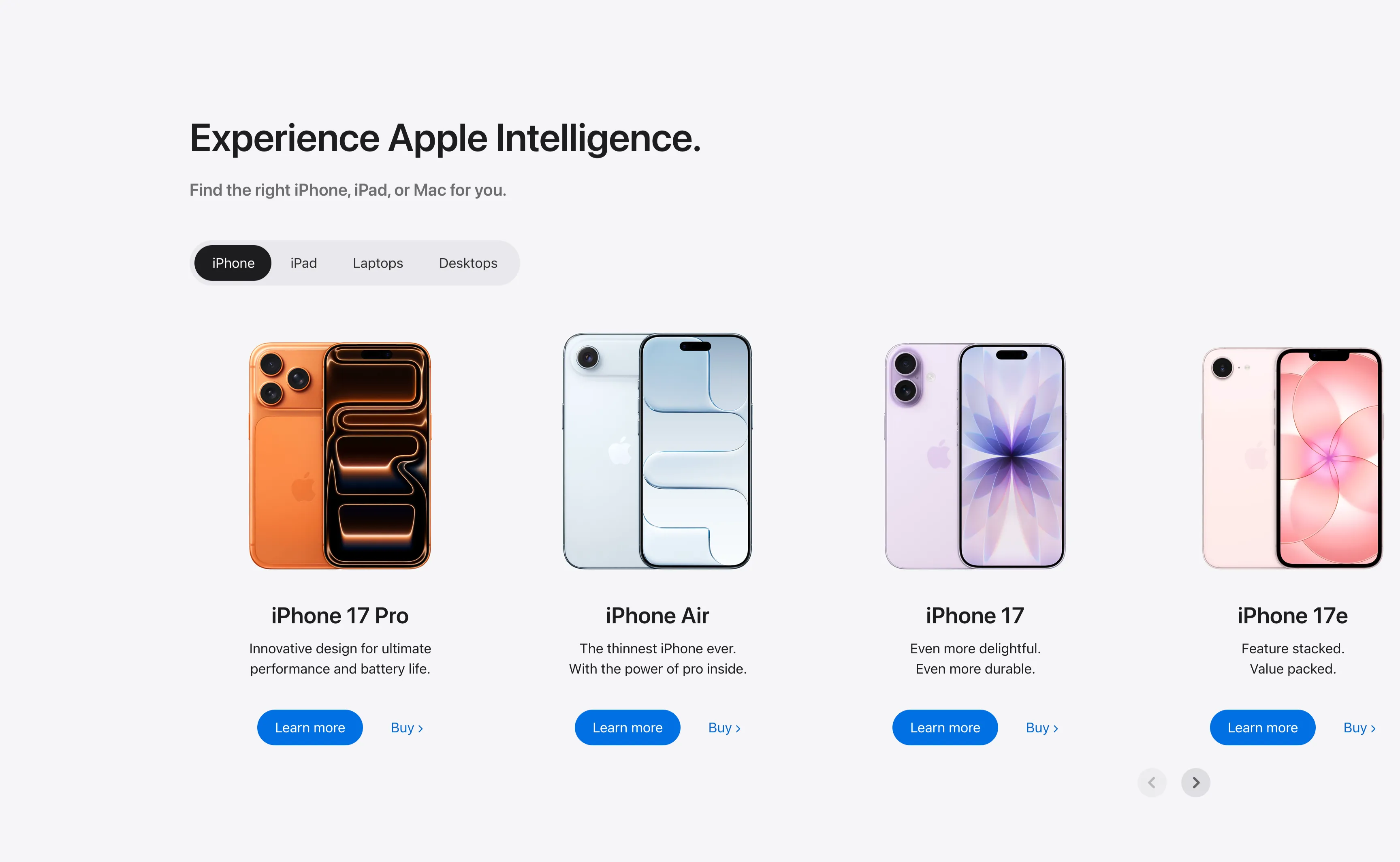 Experience Apple Intelligence Product Carousel — Carousel section from Apple