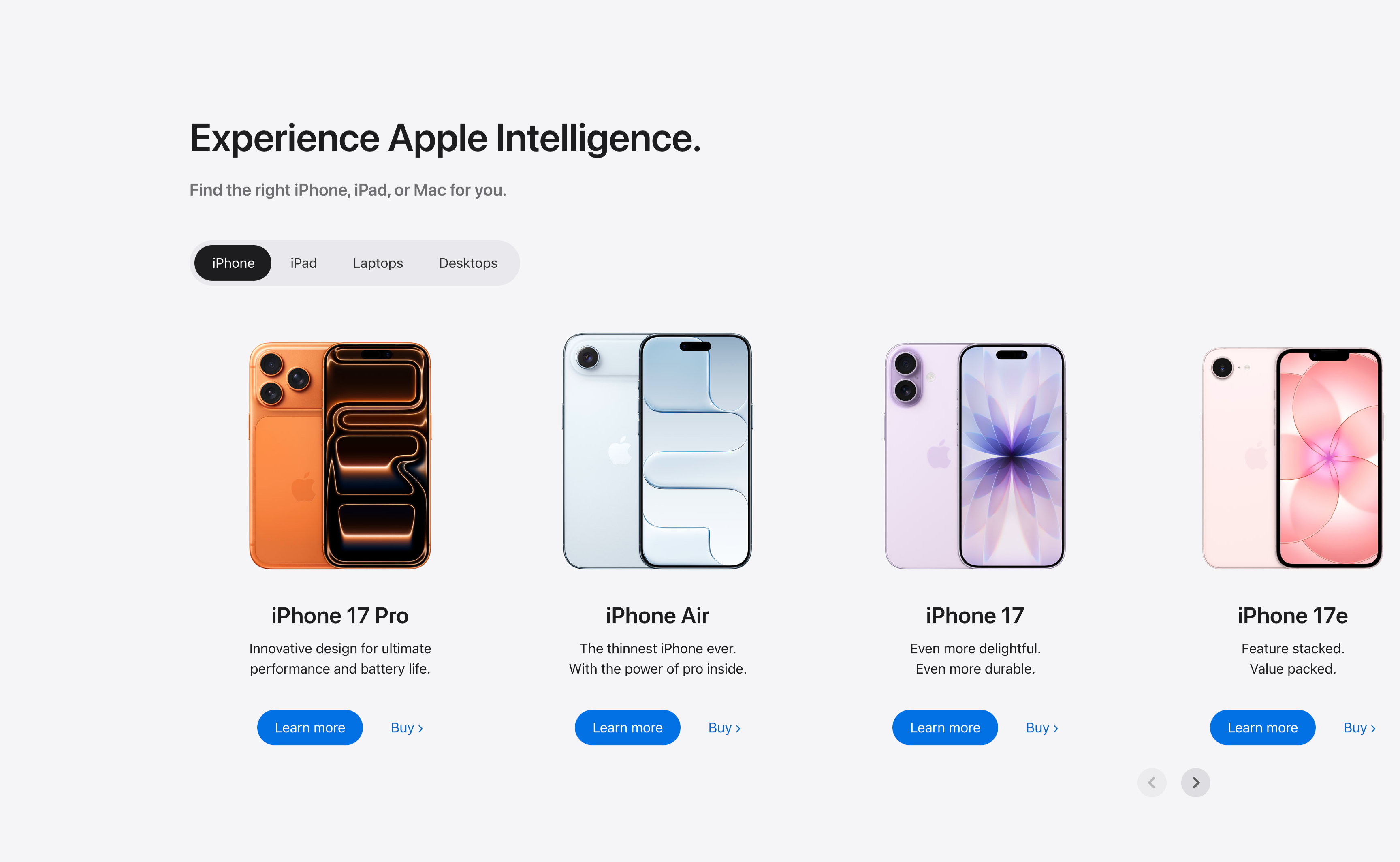 Experience Apple Intelligence Product Carousel — Carousel section from Apple