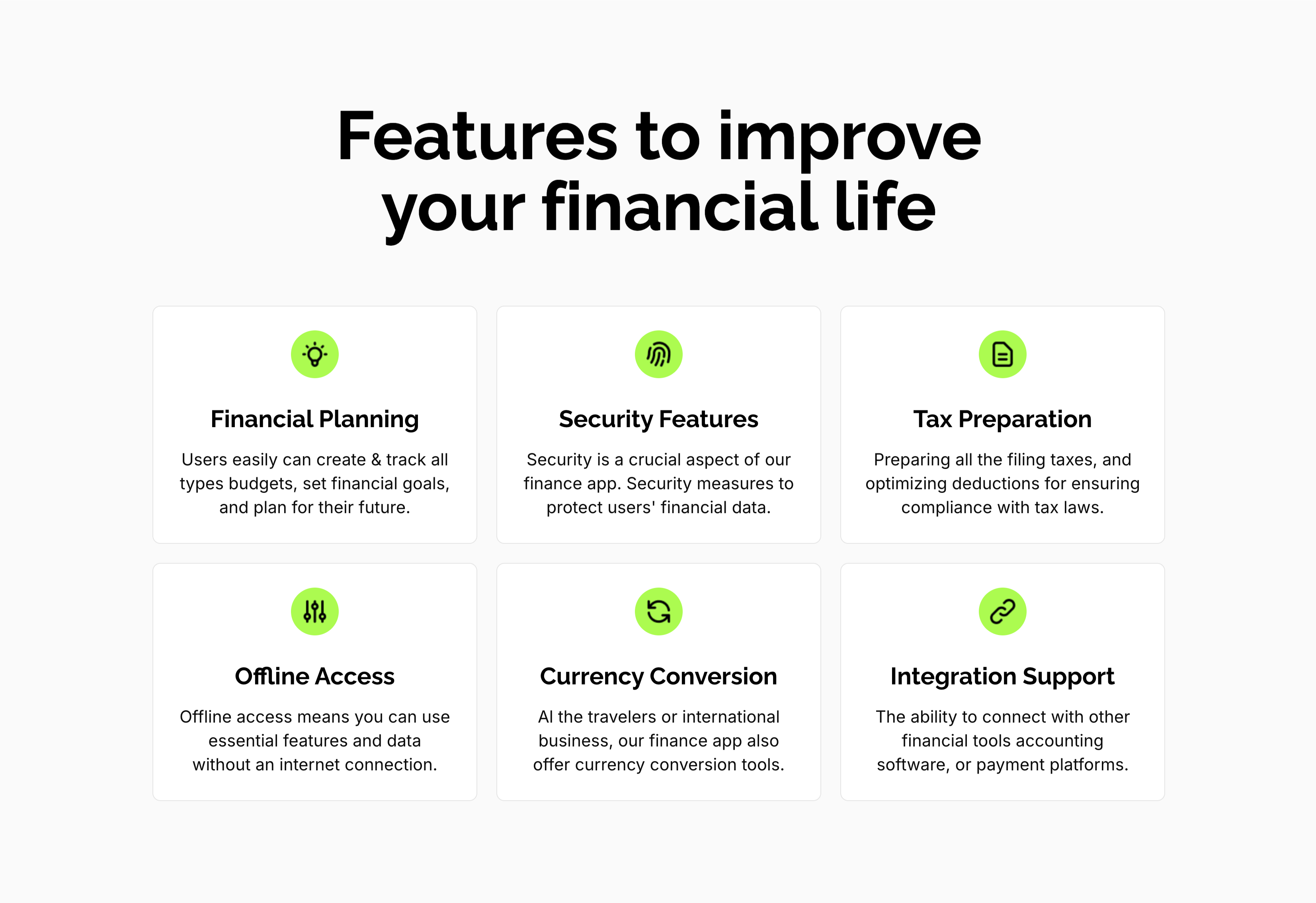Features To Improve Financial Life Grid — Features section from Zubuz