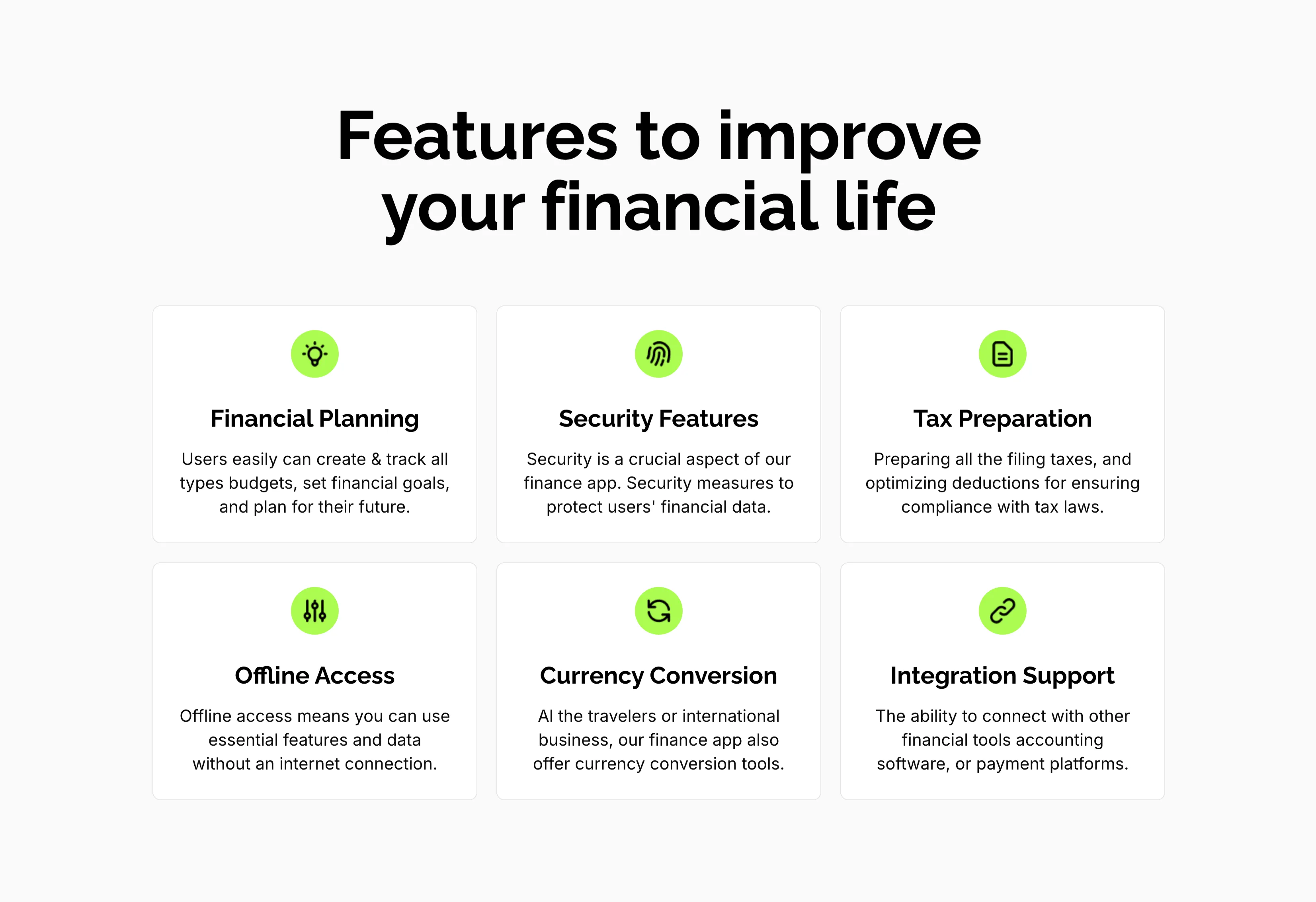 Features To Improve Financial Life Grid — Features section from Zubuz