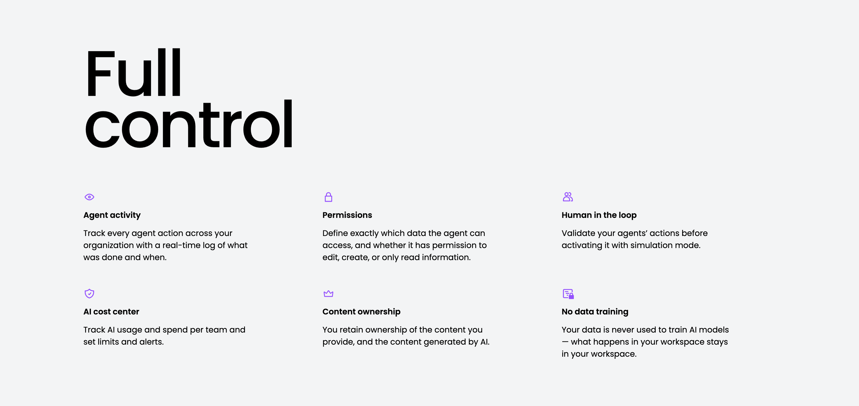 Full Control Governance Feature Grid — Features section from Monday