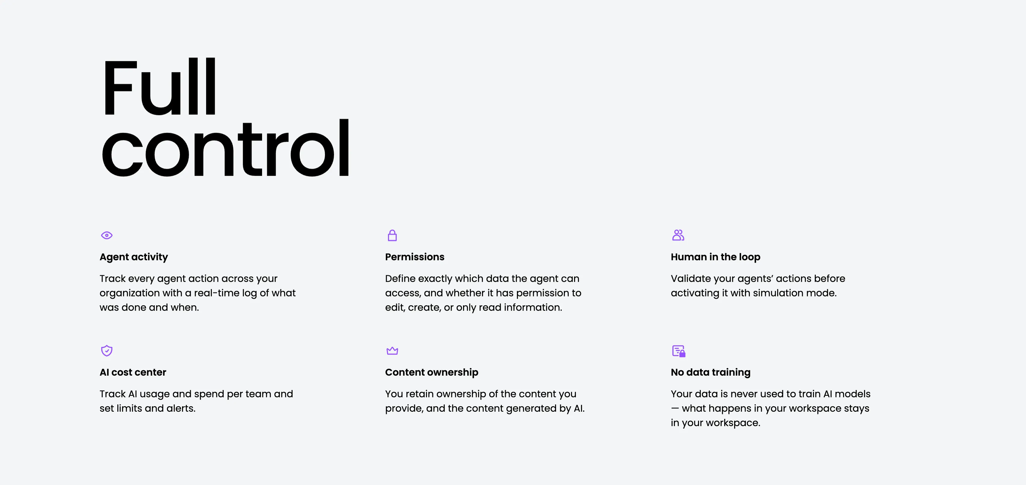 Full Control Governance Feature Grid — Features section from Monday