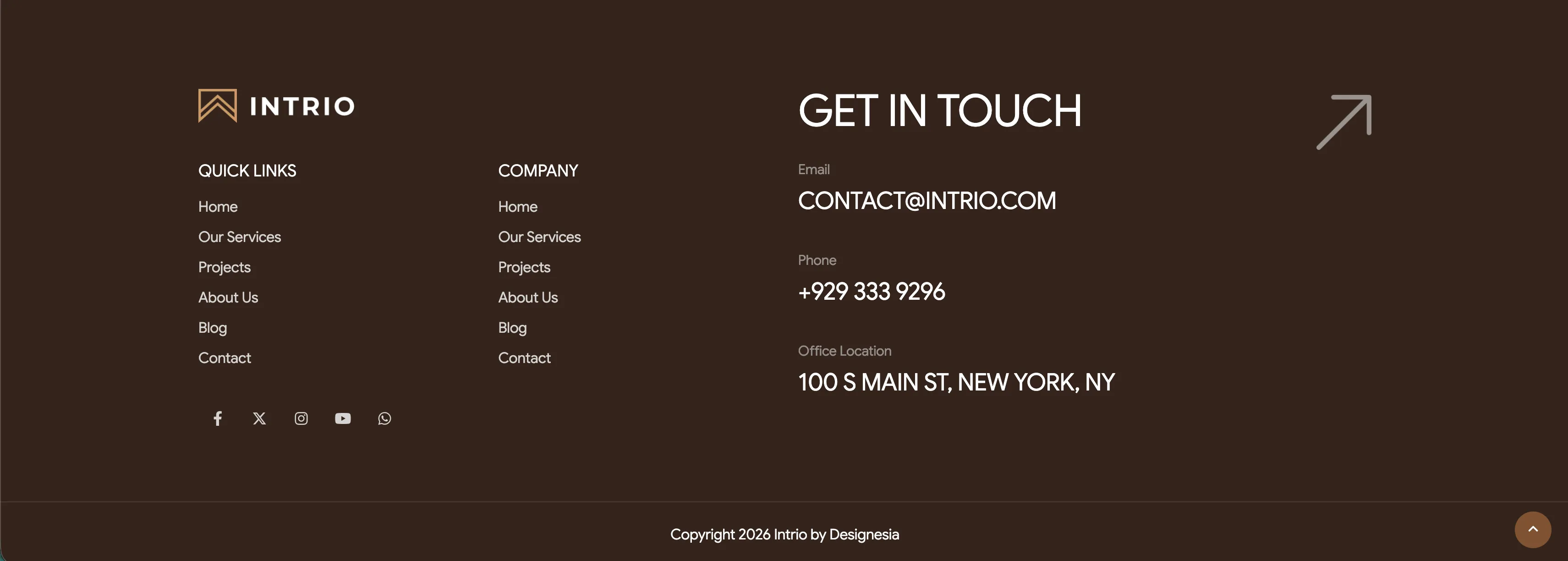 Intrio Multi-Column Footer With Social Links — Footer section from Madebydesignesia