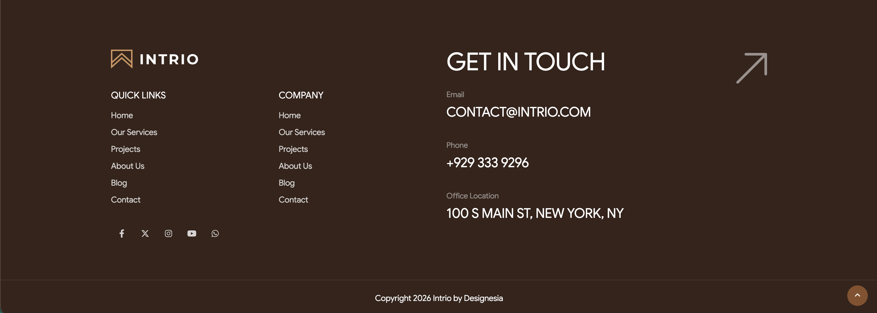 Intrio Multi-Column Footer With Social Links — Footer section from Madebydesignesia