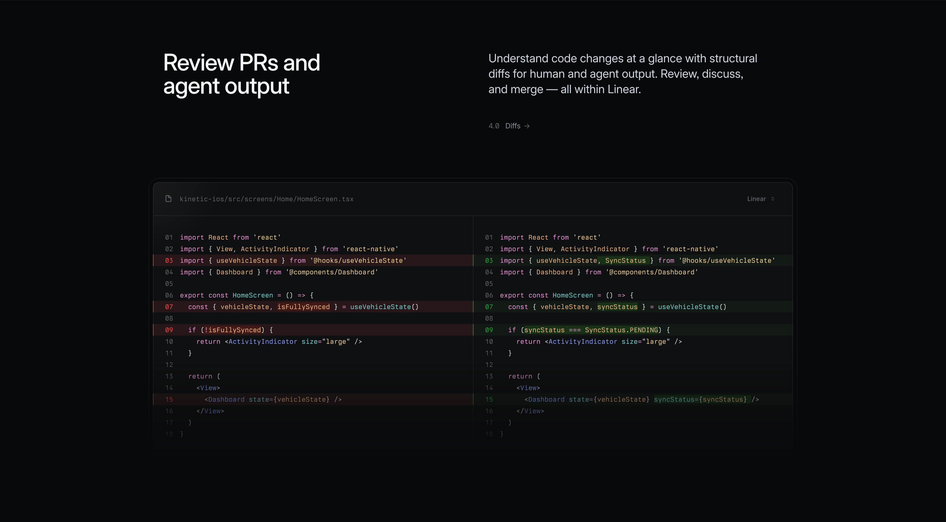 Linear Diffs Feature With Side-By-Side Code — Content section from Linear