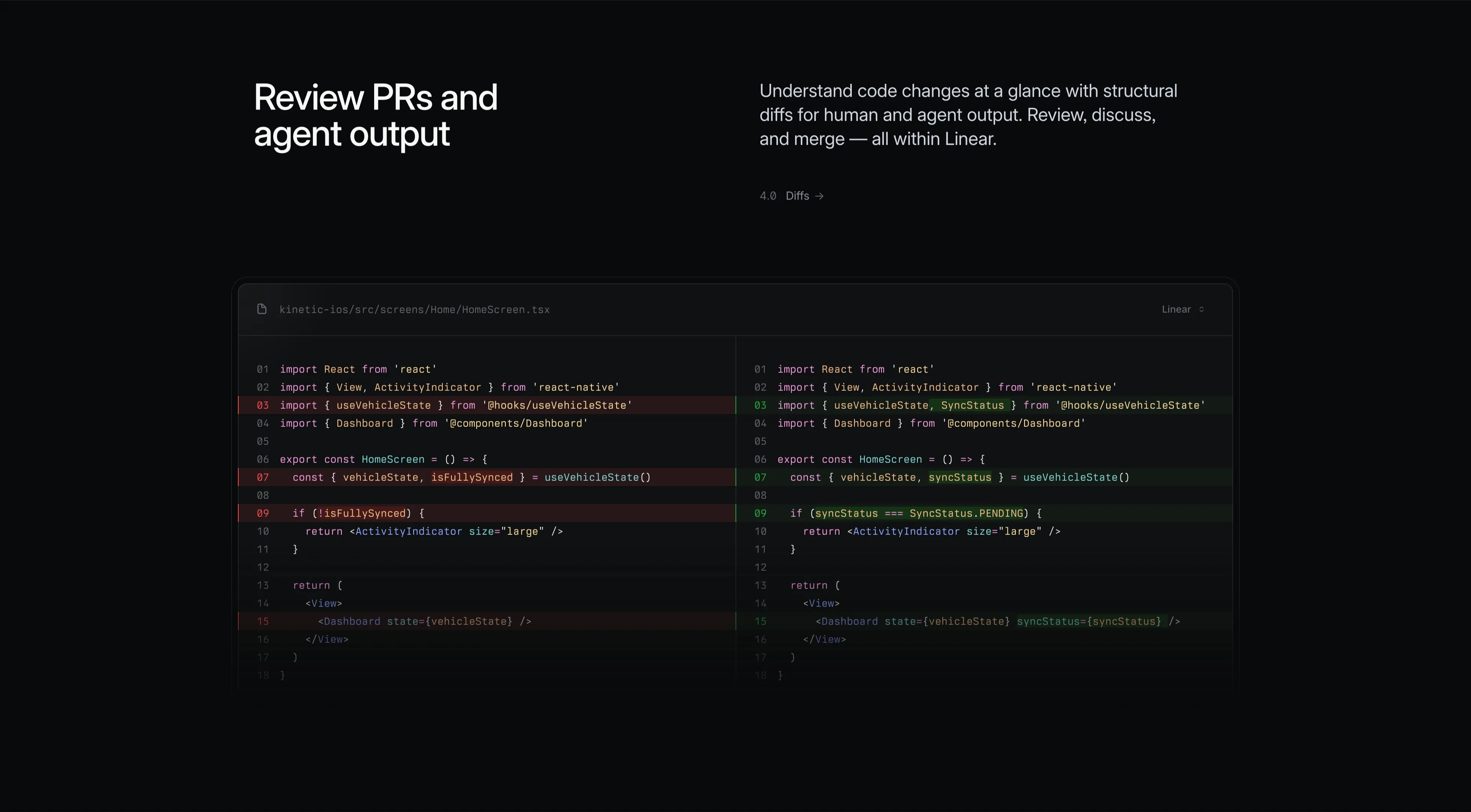 Linear Diffs Feature With Side-By-Side Code — Content section from Linear
