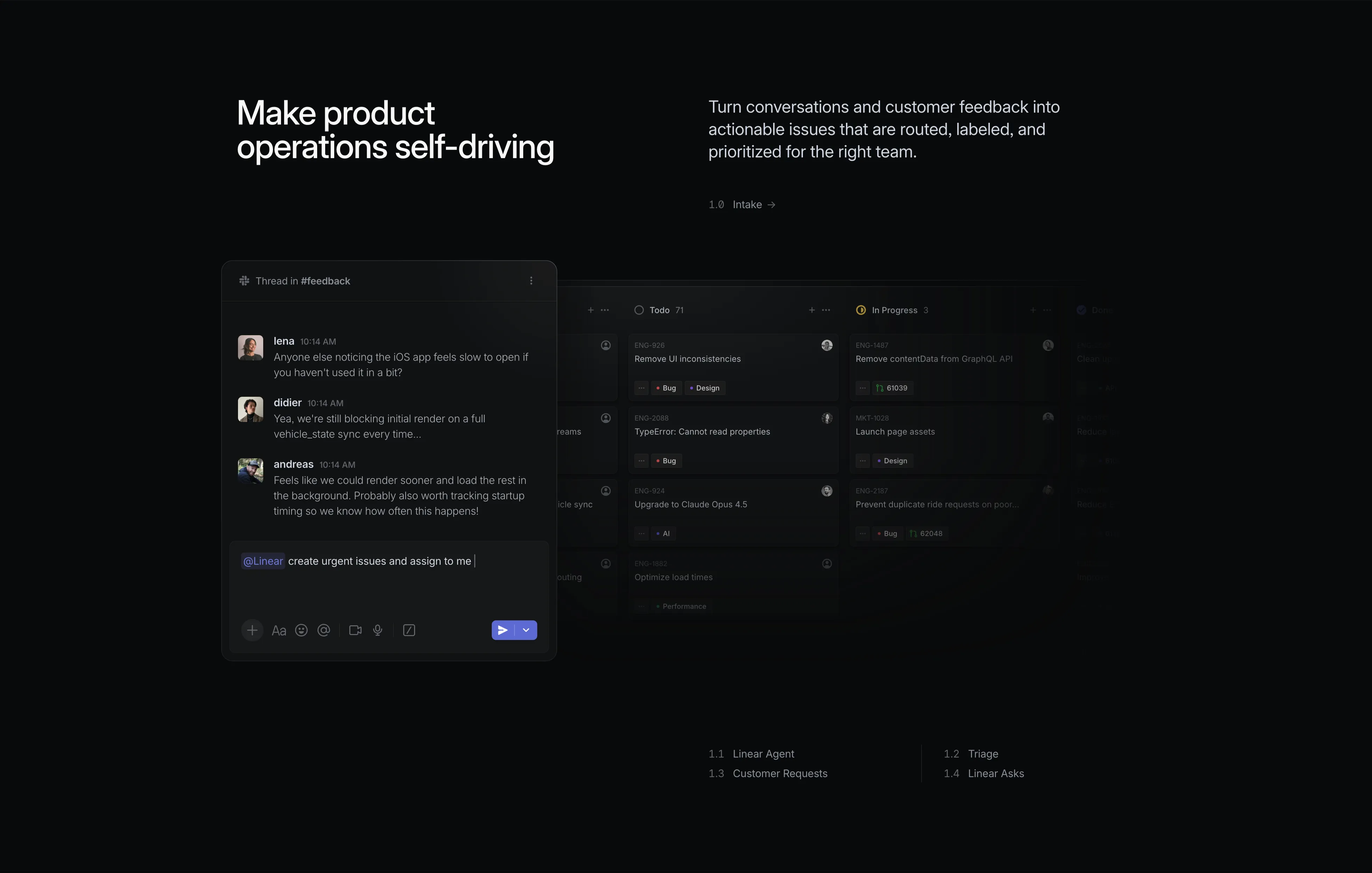 Linear Intake Feature With Slack And Board — Content section from Linear