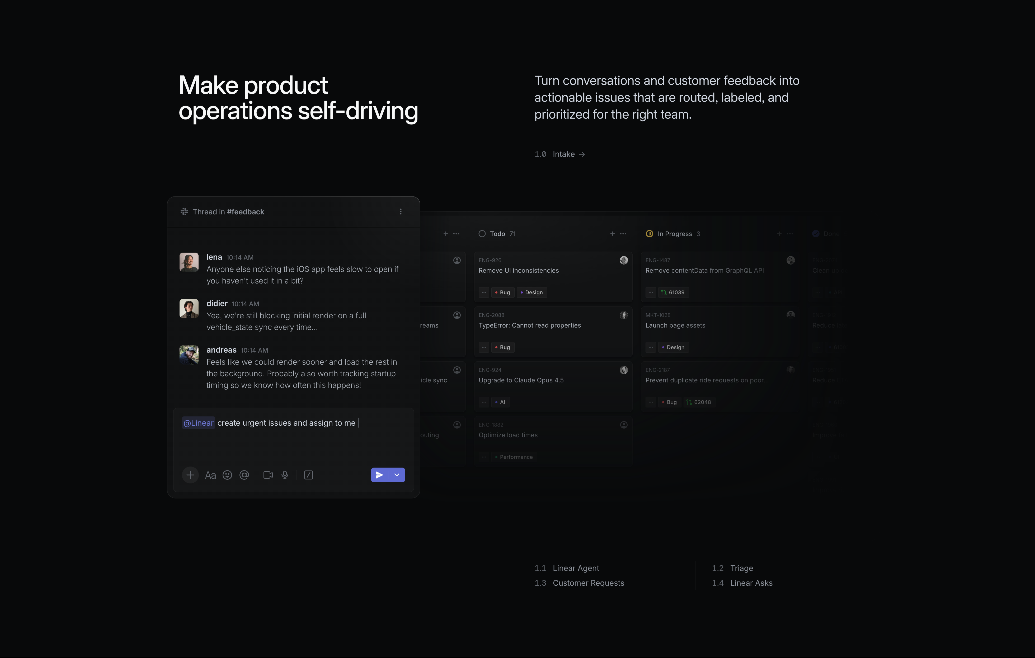 Linear Intake Feature With Slack And Board — Content section from Linear