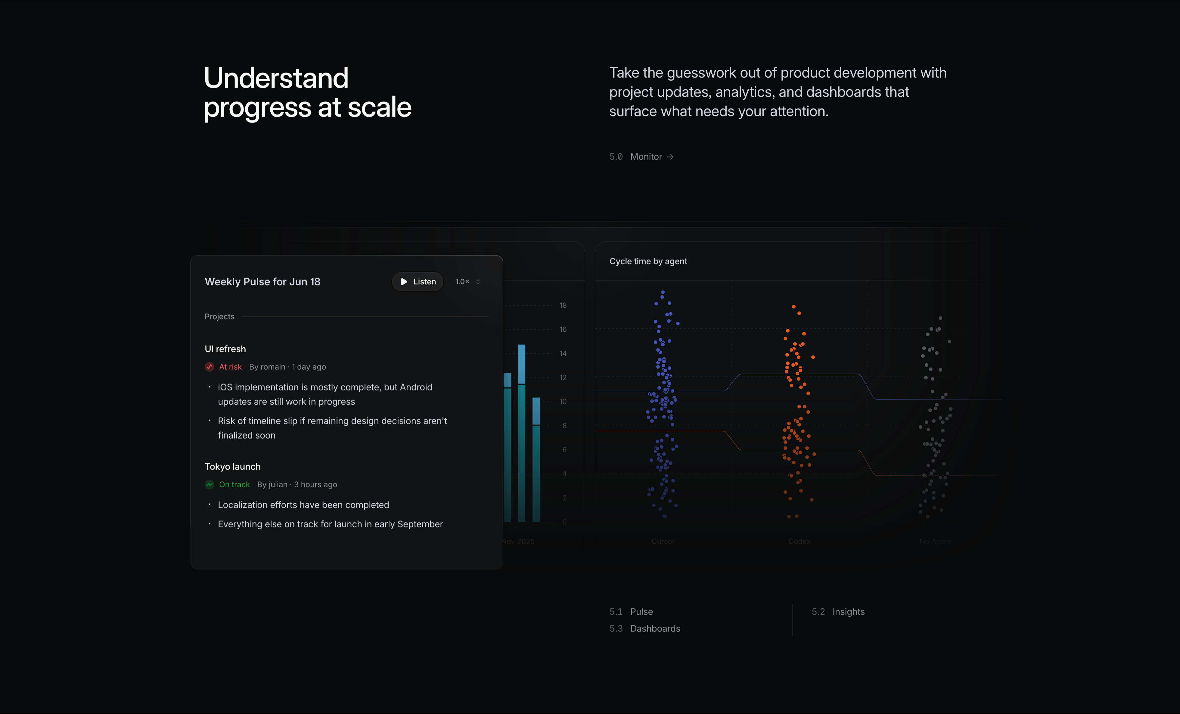 Linear Monitor Feature With Pulse And Charts — Content section from Linear
