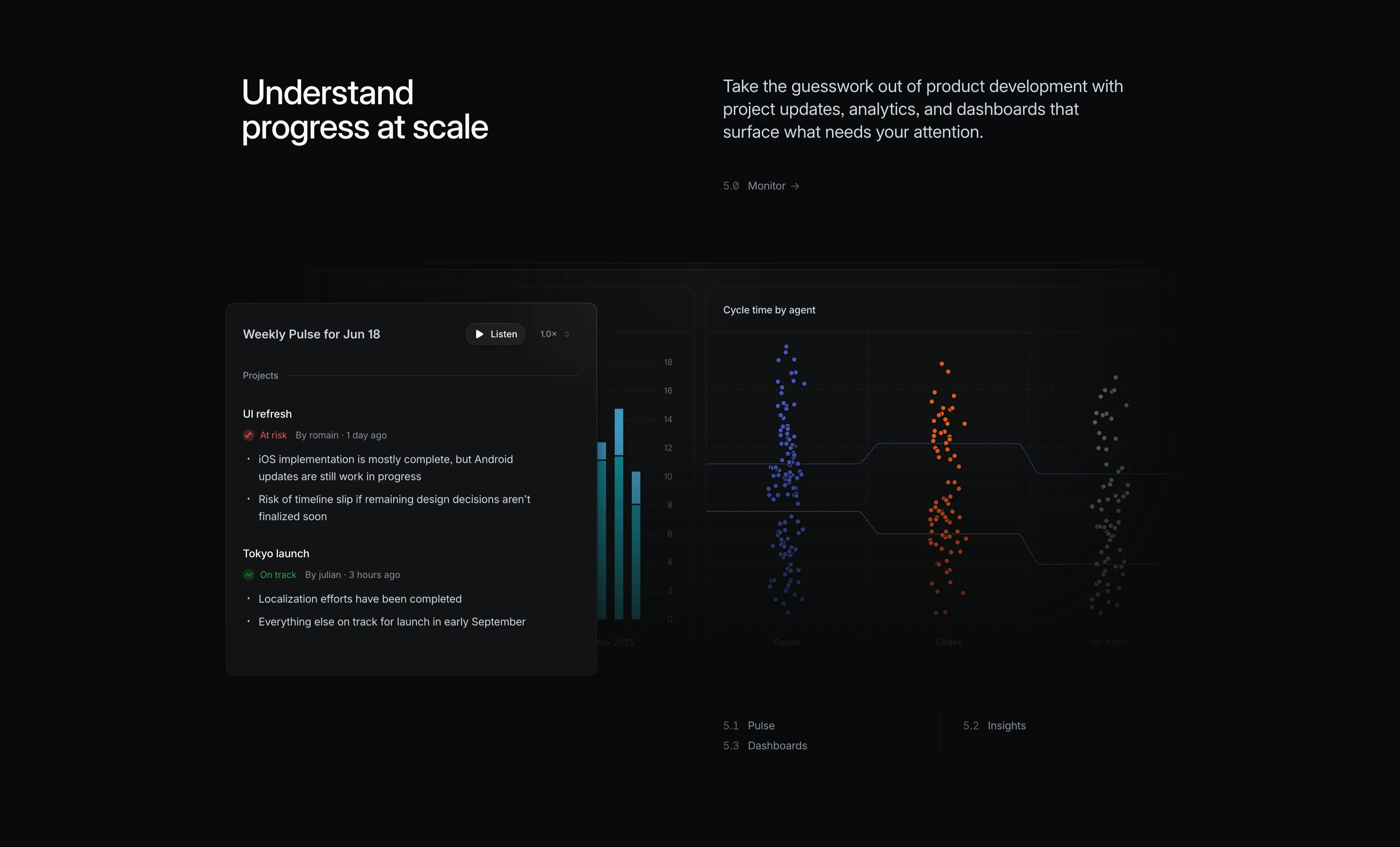 Linear Monitor Feature With Pulse And Charts — Content section from Linear