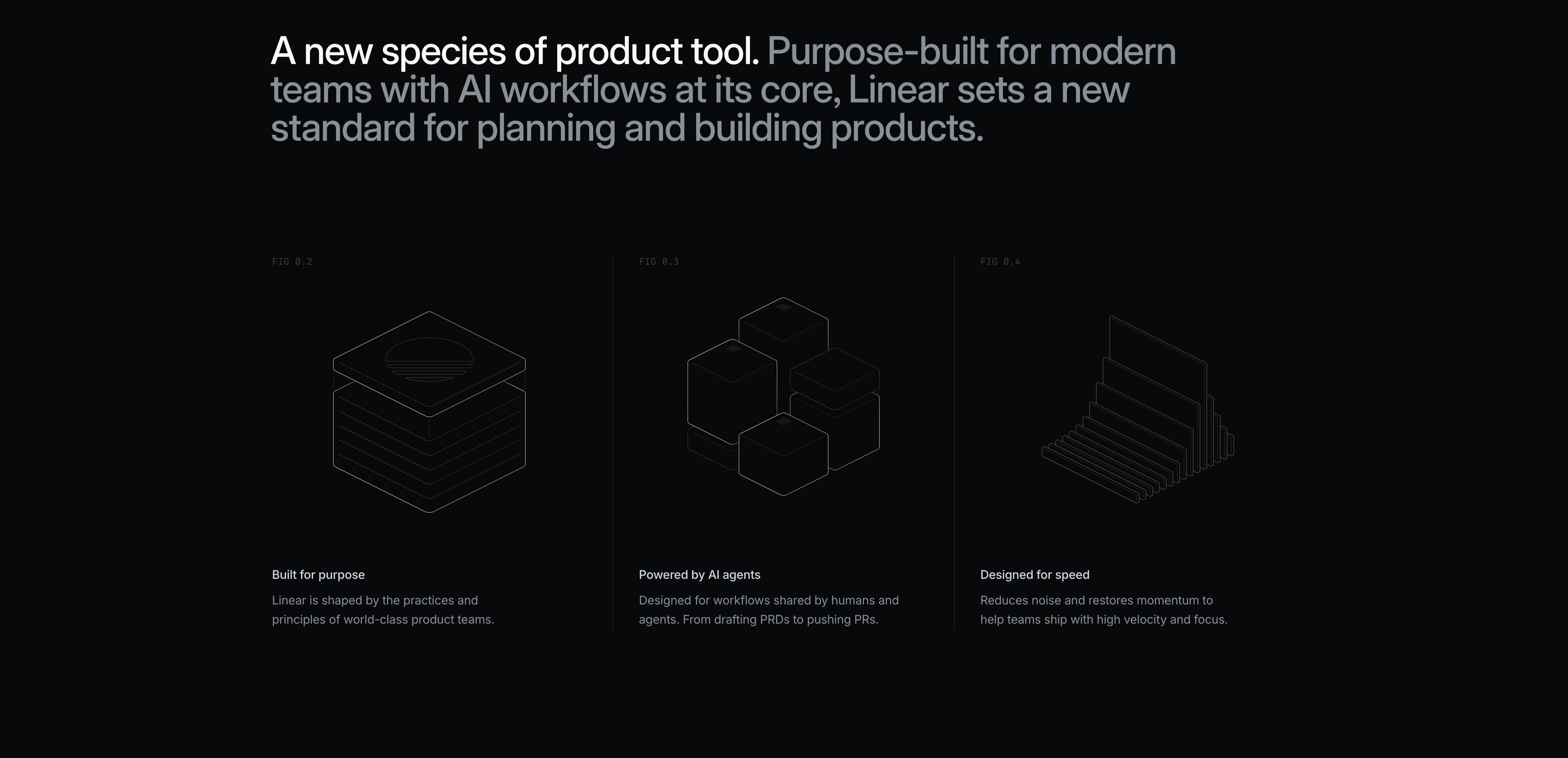 Linear Three-Up Feature Grid With Line Illustrations — Features section from Linear