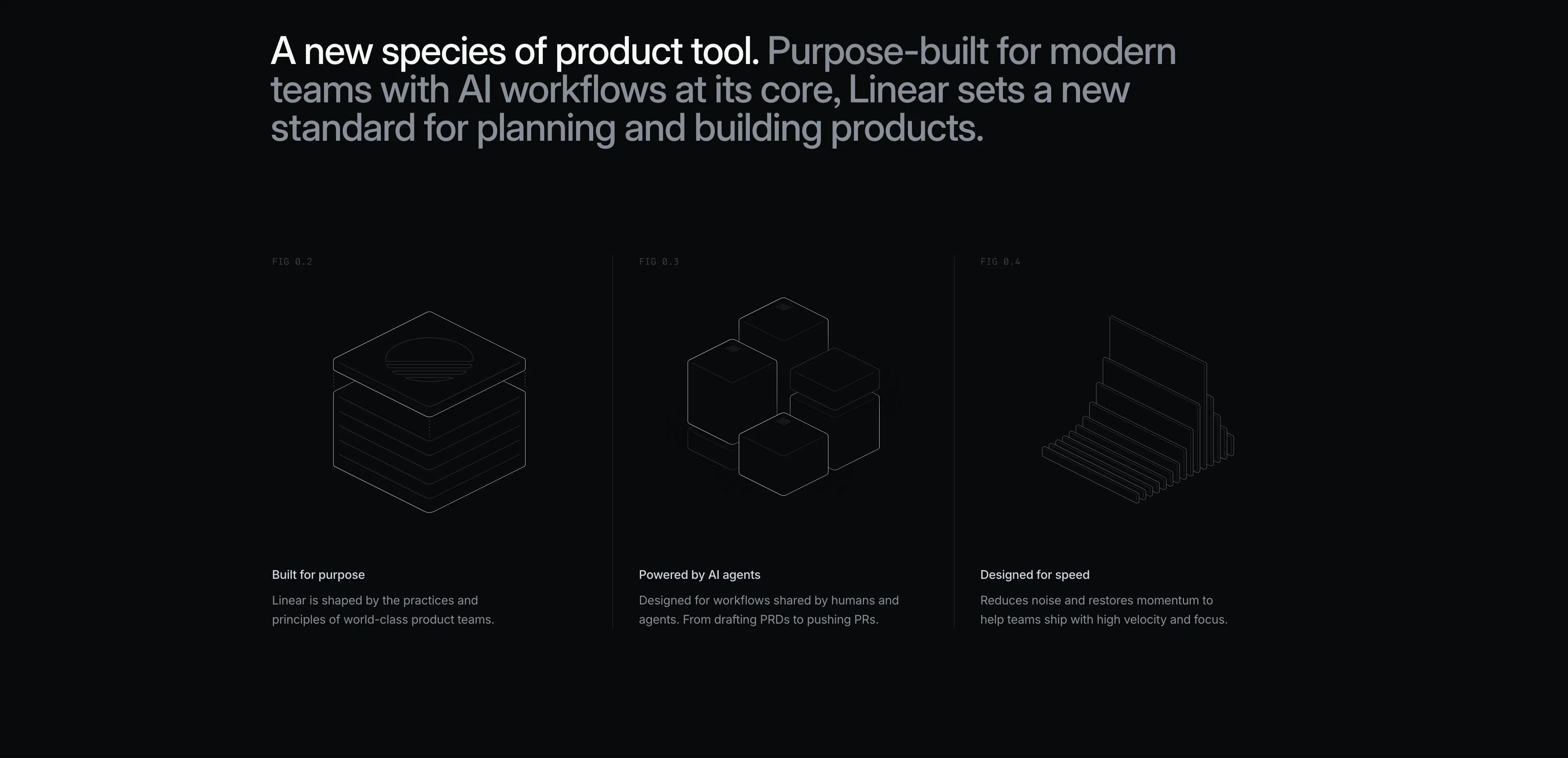 Linear Three-Up Feature Grid With Line Illustrations — Features section from Linear