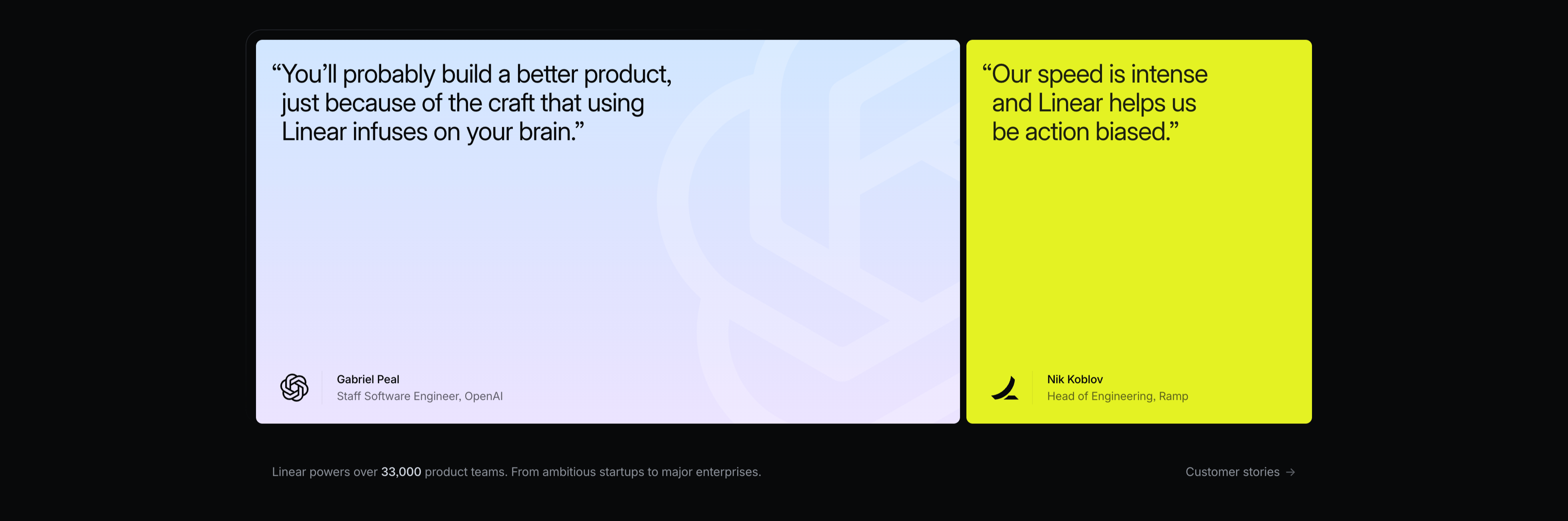 Linear Two-Card Customer Quotes — Testimonial section from Linear