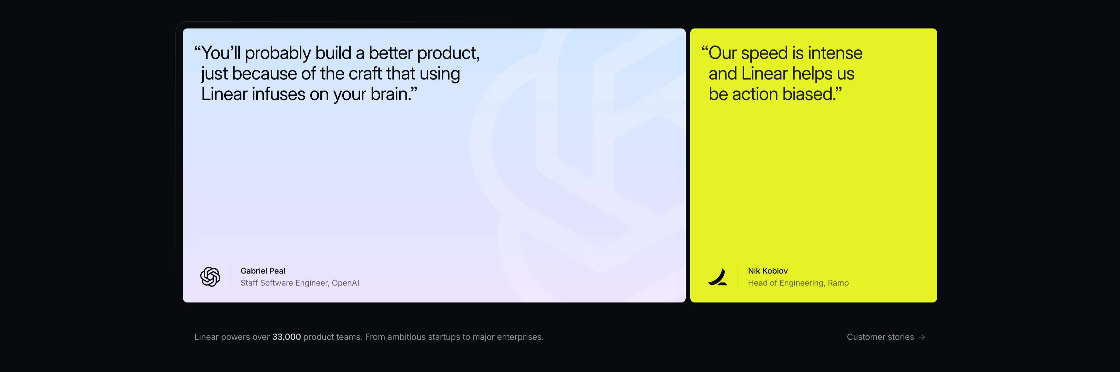 Linear Two-Card Customer Quotes — Testimonial section from Linear