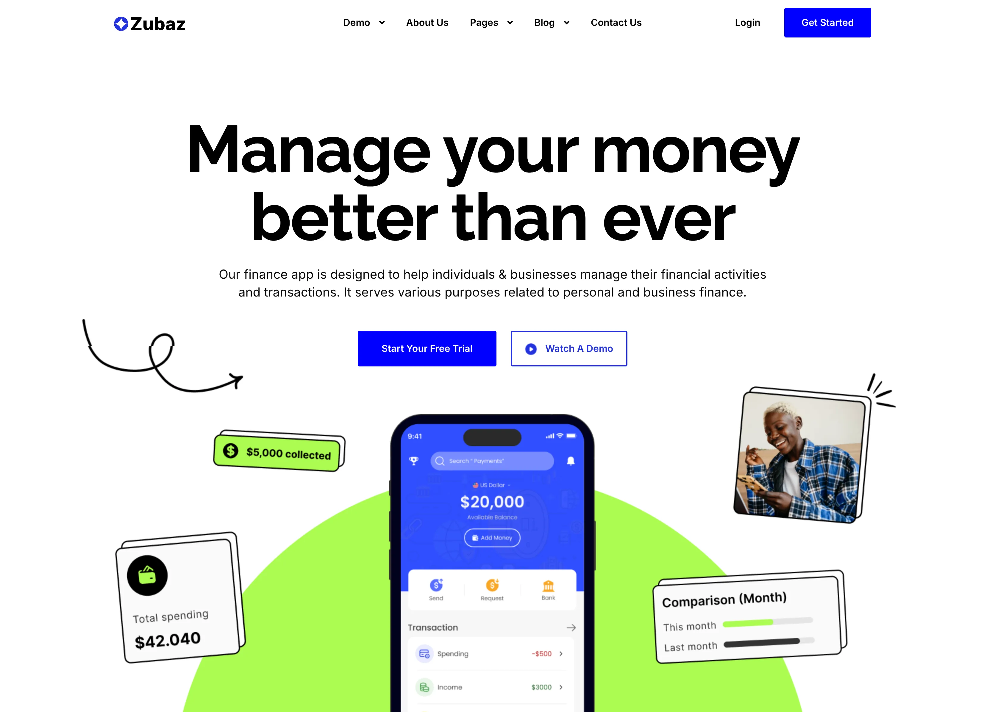 Manage Your Money Finance App Hero — Hero section from Zubuz