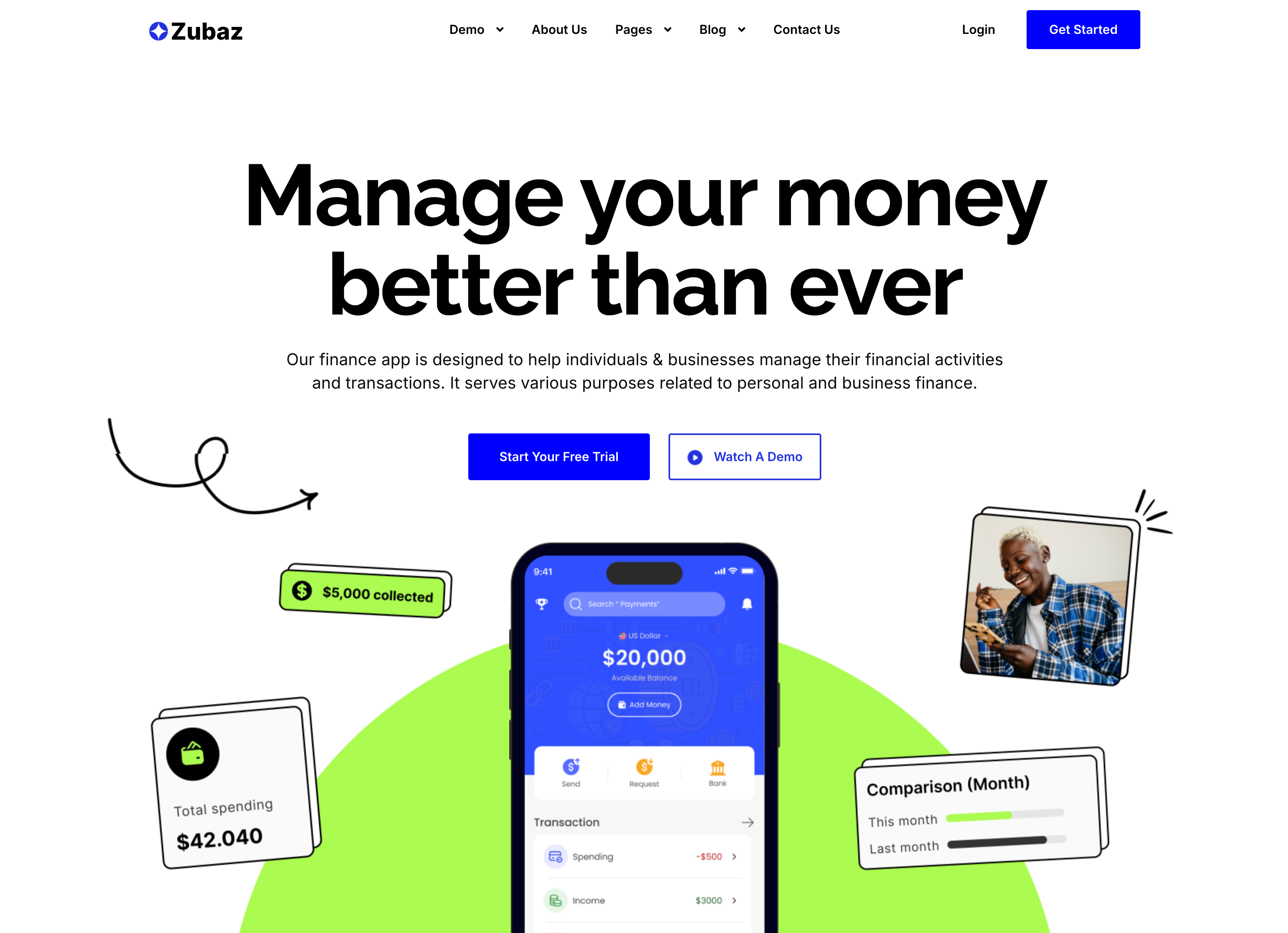 Manage Your Money Finance App Hero — Hero section from Zubuz