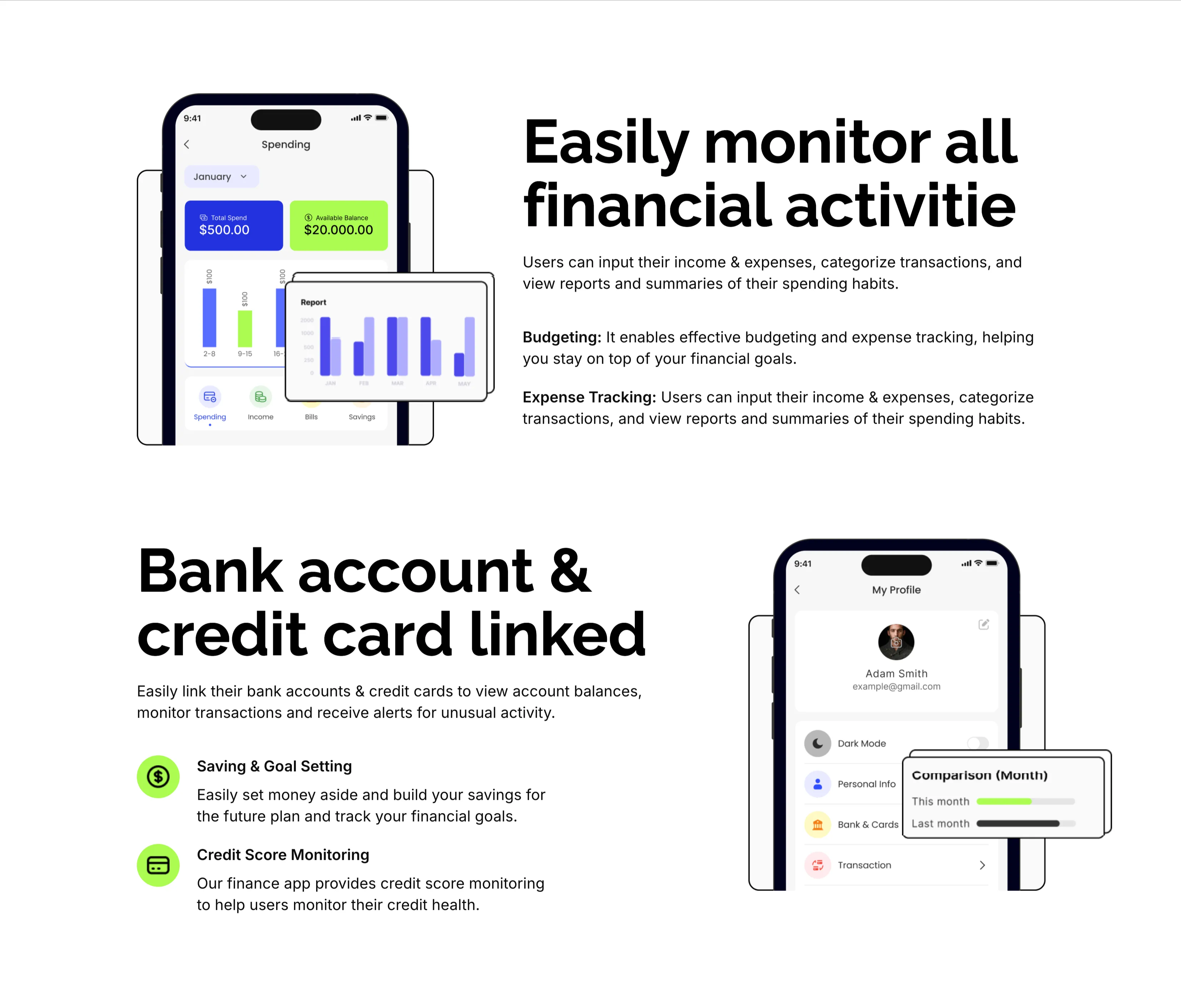 Monitor Finances And Linked Accounts Features — Features section from Zubuz