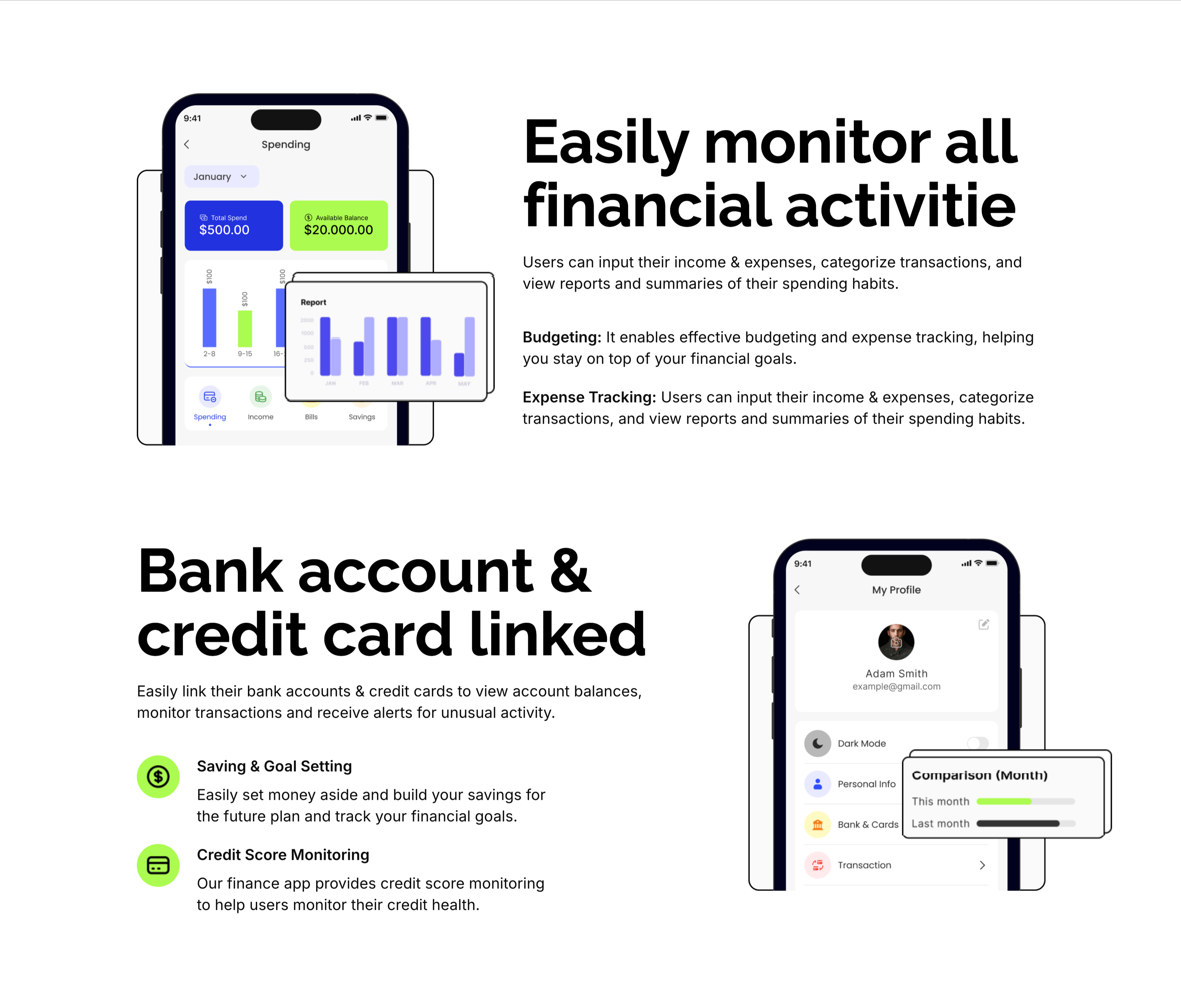 Monitor Finances And Linked Accounts Features — Features section from Zubuz