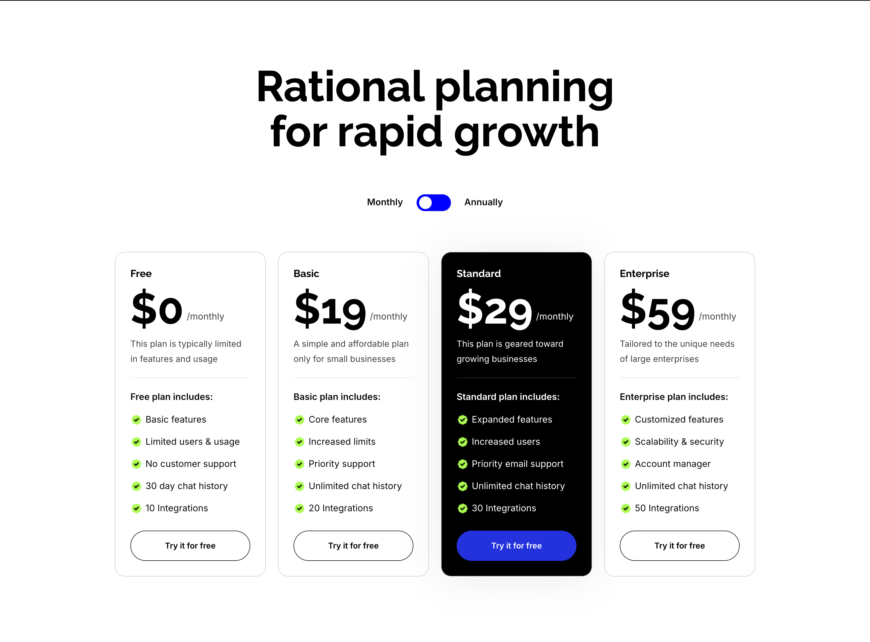 Rational Planning Four-Tier Pricing Cards — Pricing section from Zubuz