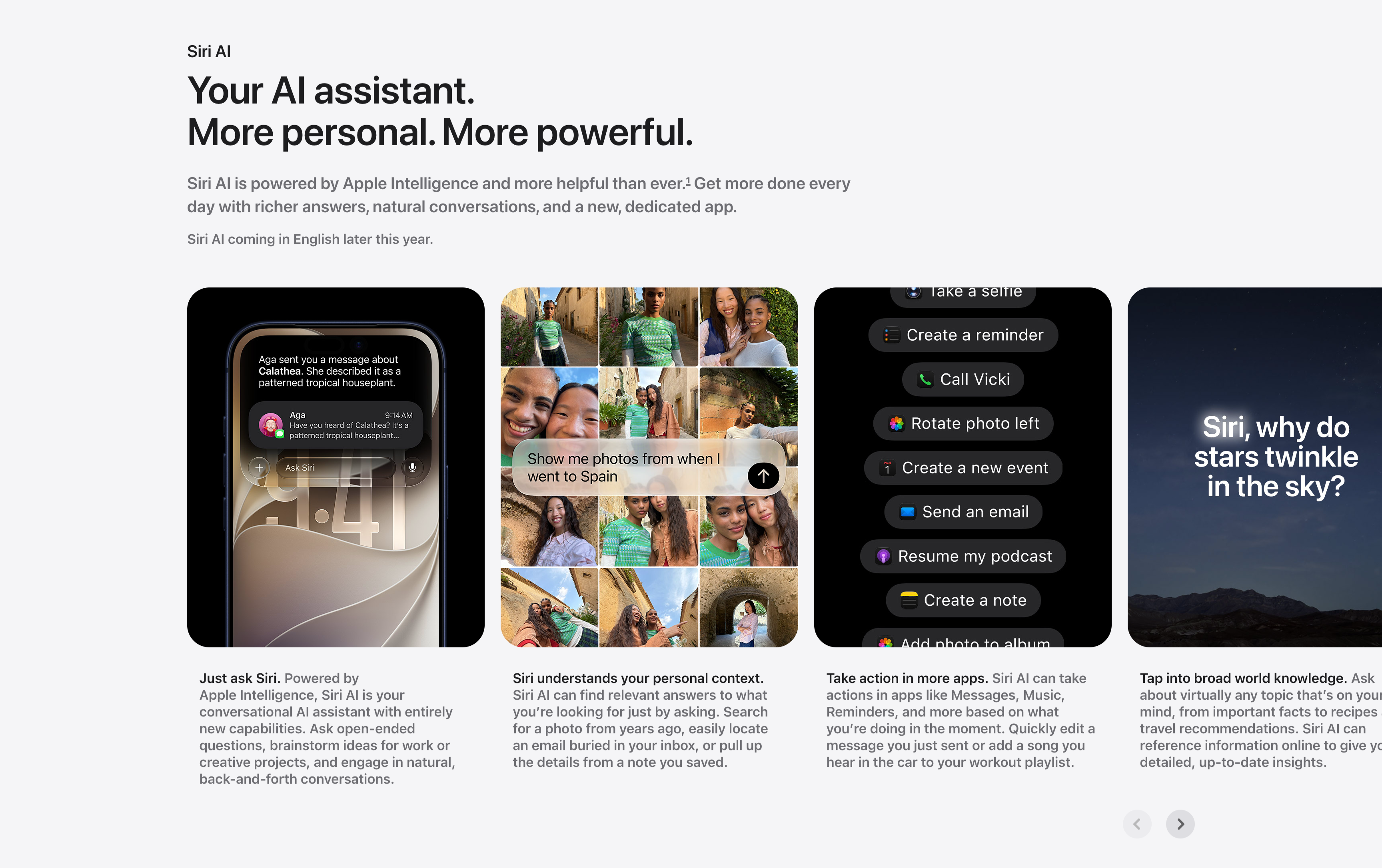 Siri AI Feature Card Carousel — Carousel section from Apple