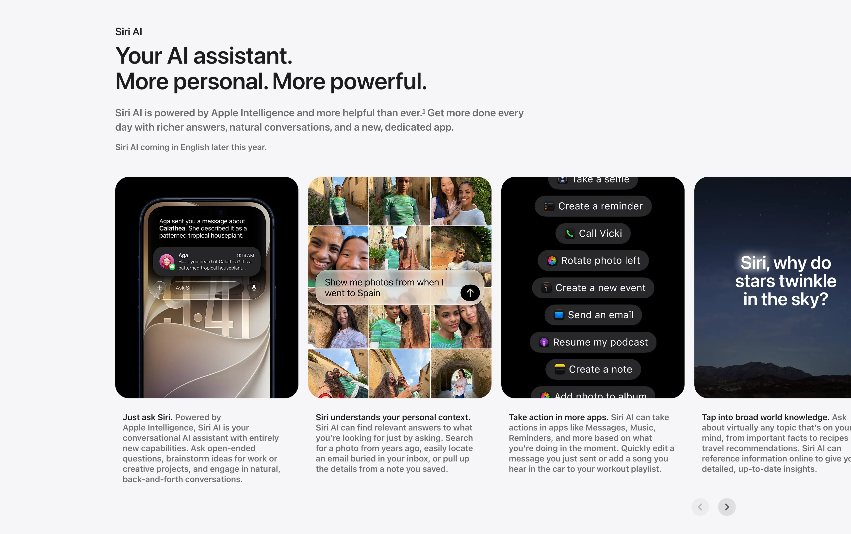 Siri AI Feature Card Carousel — Carousel section from Apple