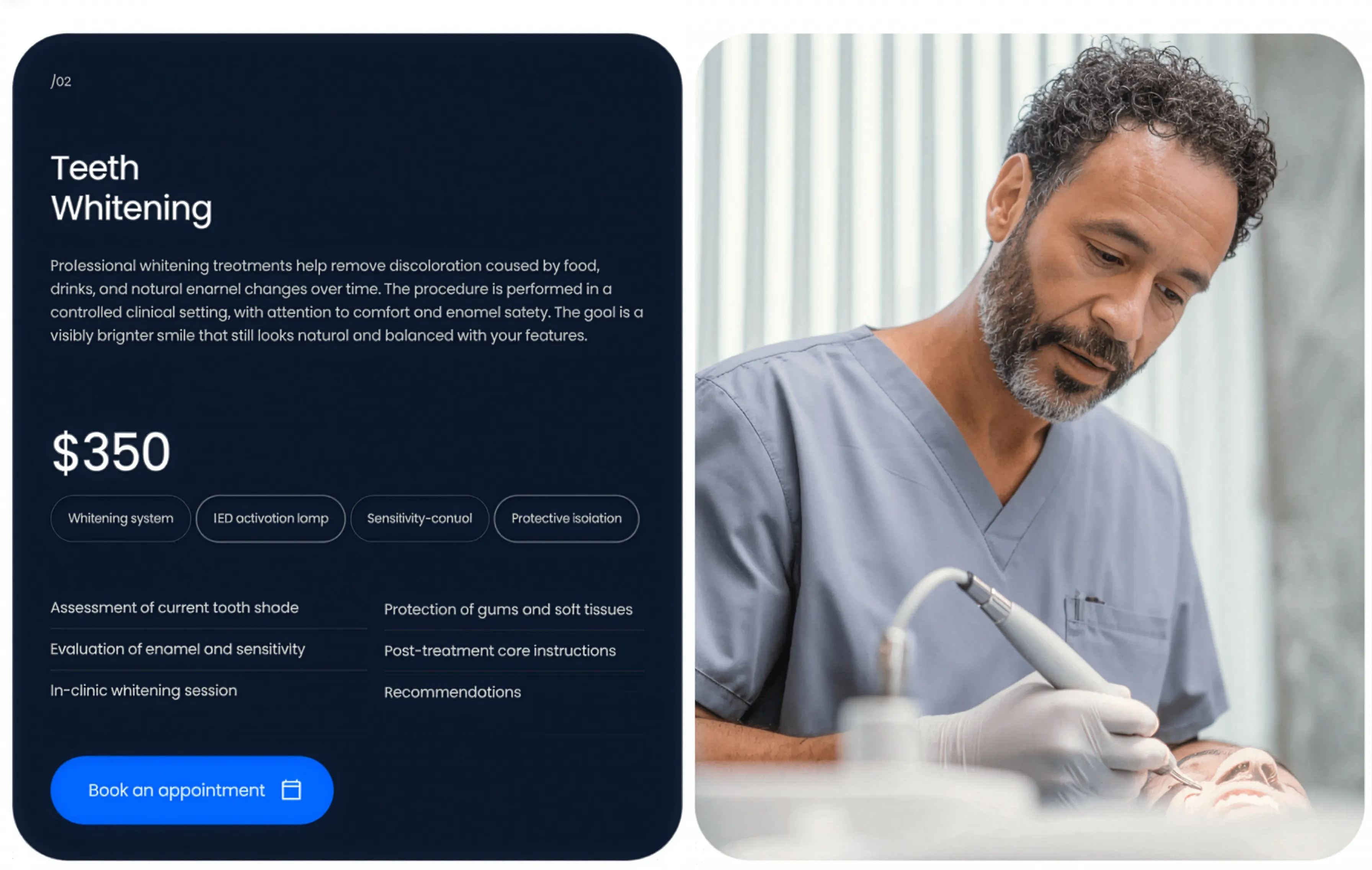 Teeth Whitening Dark Service Panel — Content section from Behance