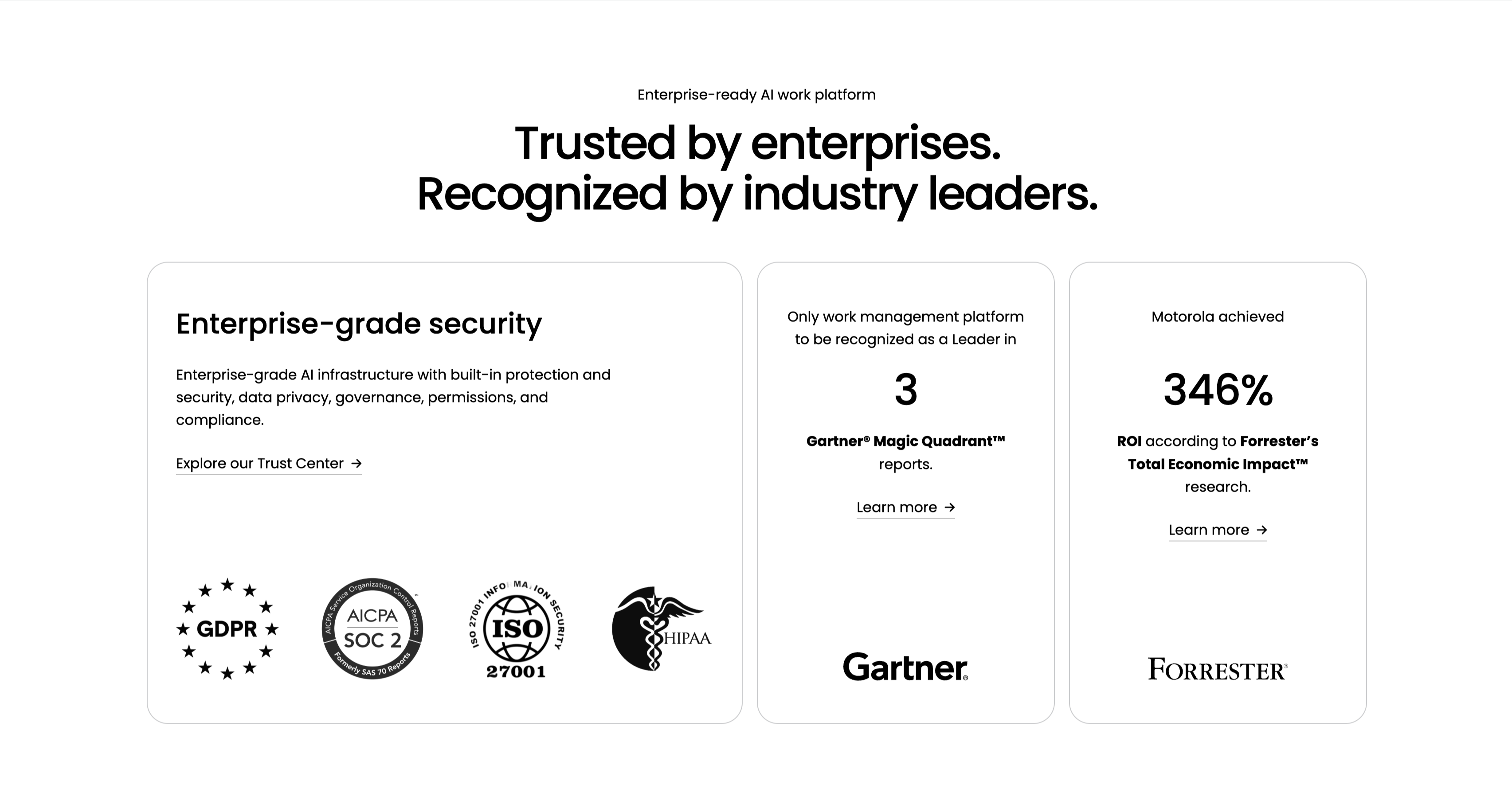 Trusted By Enterprises Recognition Cards — Features section from Monday