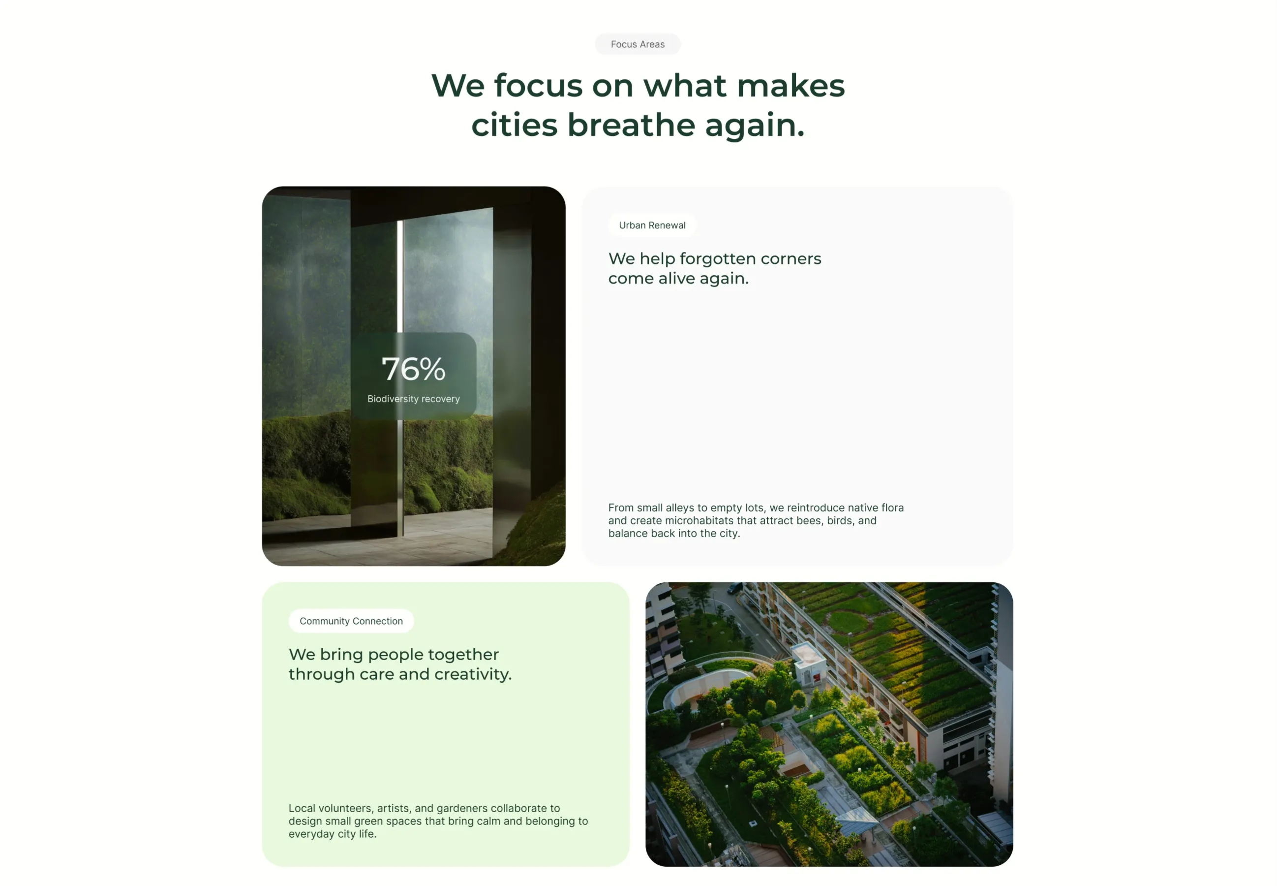 UrbanLeaf Focus Areas Bento Grid — Features section from Behance