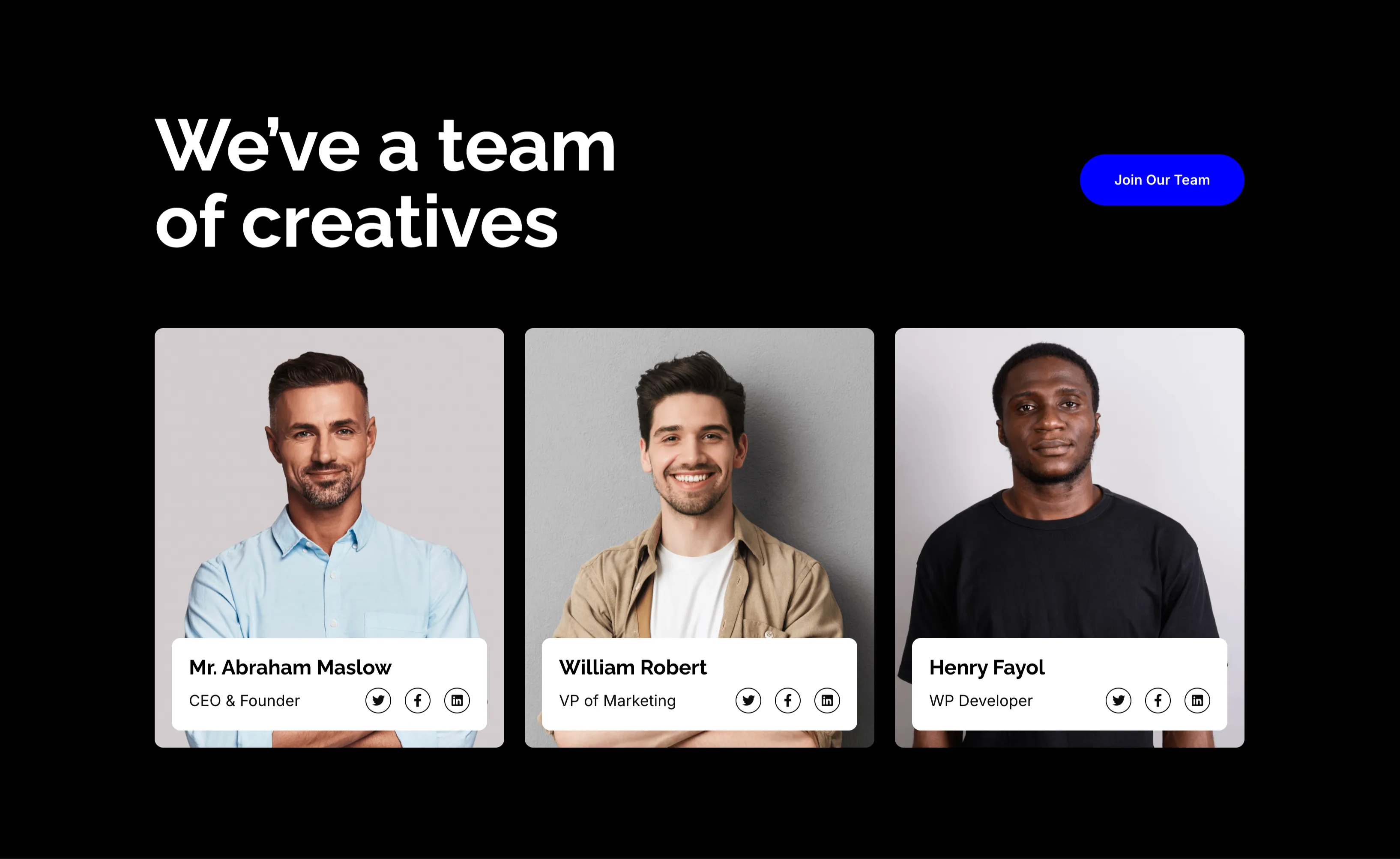 We've A Team Of Creatives Member Cards — Content section from Zubuz
