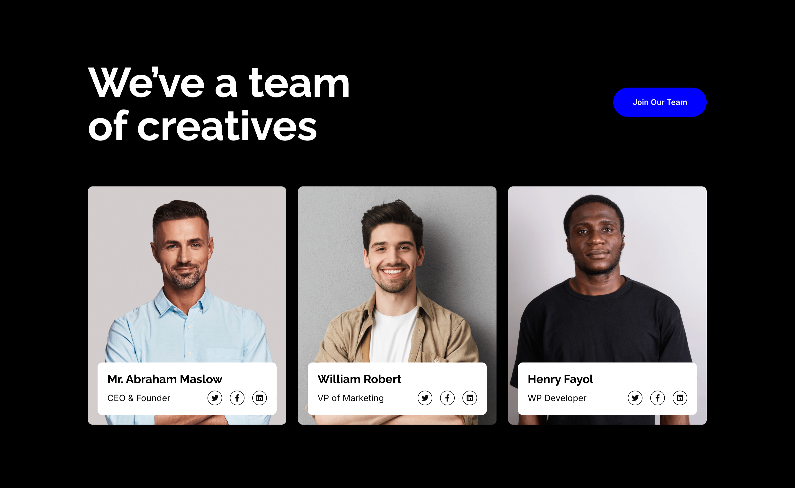 We've A Team Of Creatives Member Cards — Content section from Zubuz
