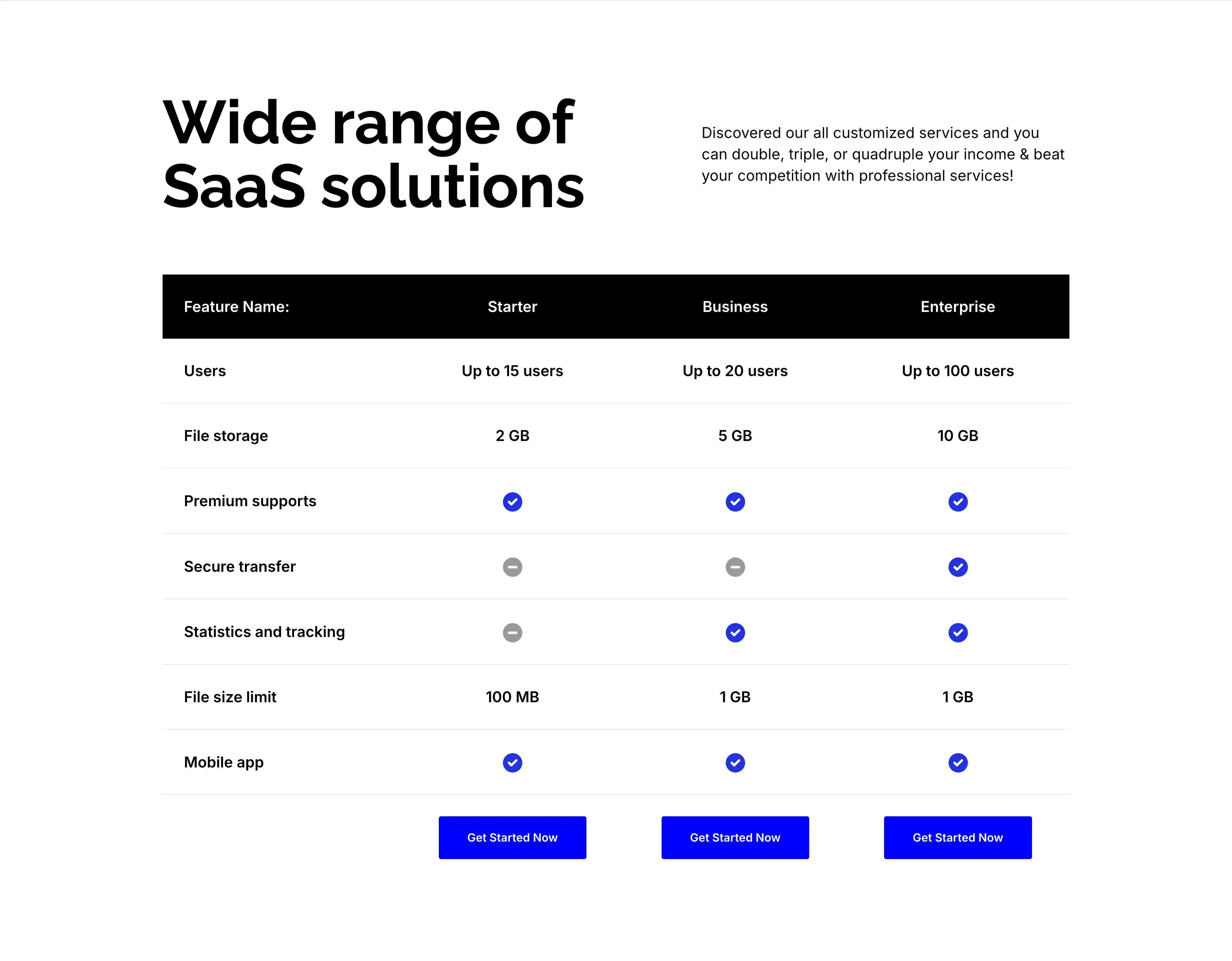 Wide Range Of SaaS Solutions Comparison Table — Table section from Zubuz