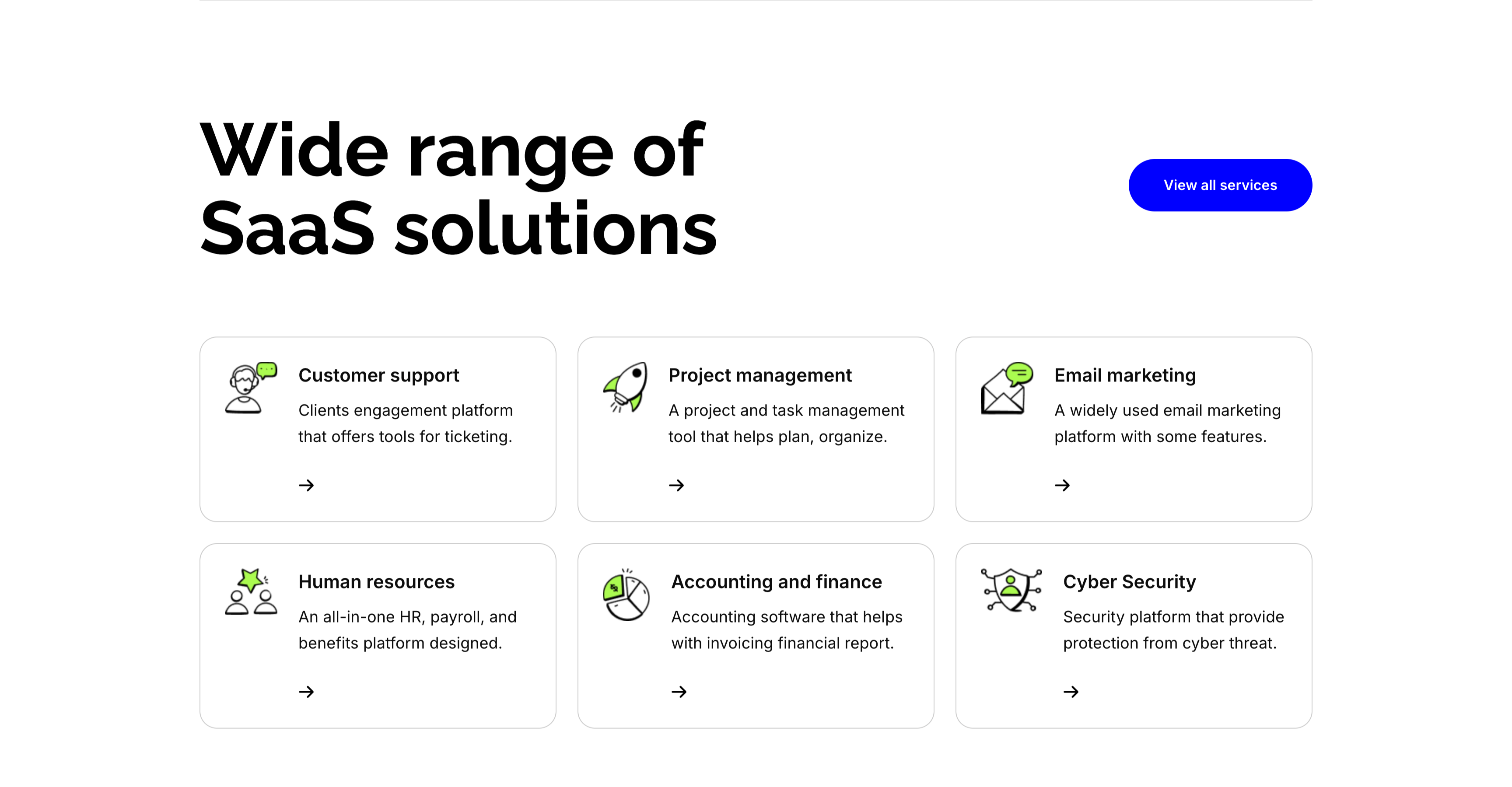 Wide Range Of SaaS Solutions Services Grid — Features section from Zubuz